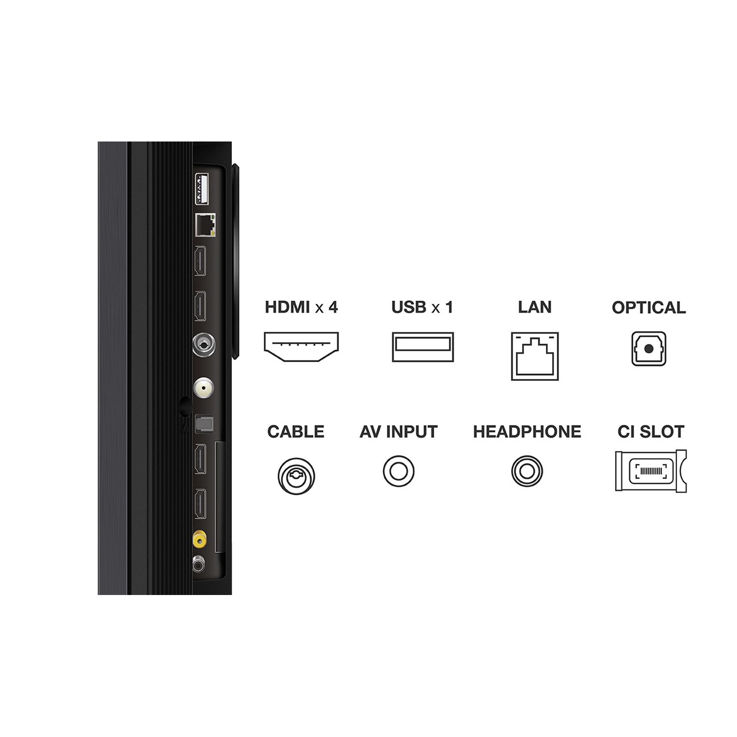 TV-poorten: HDMI, USB, LAN, Optisch, Kabel, AV-ingang, Hoofdtelefoon en CI-sleuf.
