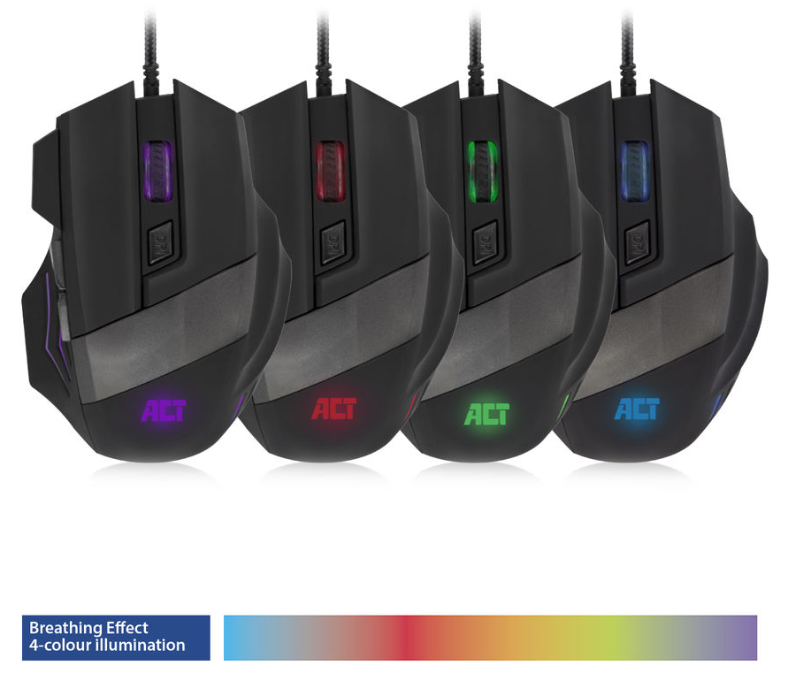Négy fekete gamer egér, világító színes fényekkel és fehér háttérrel.