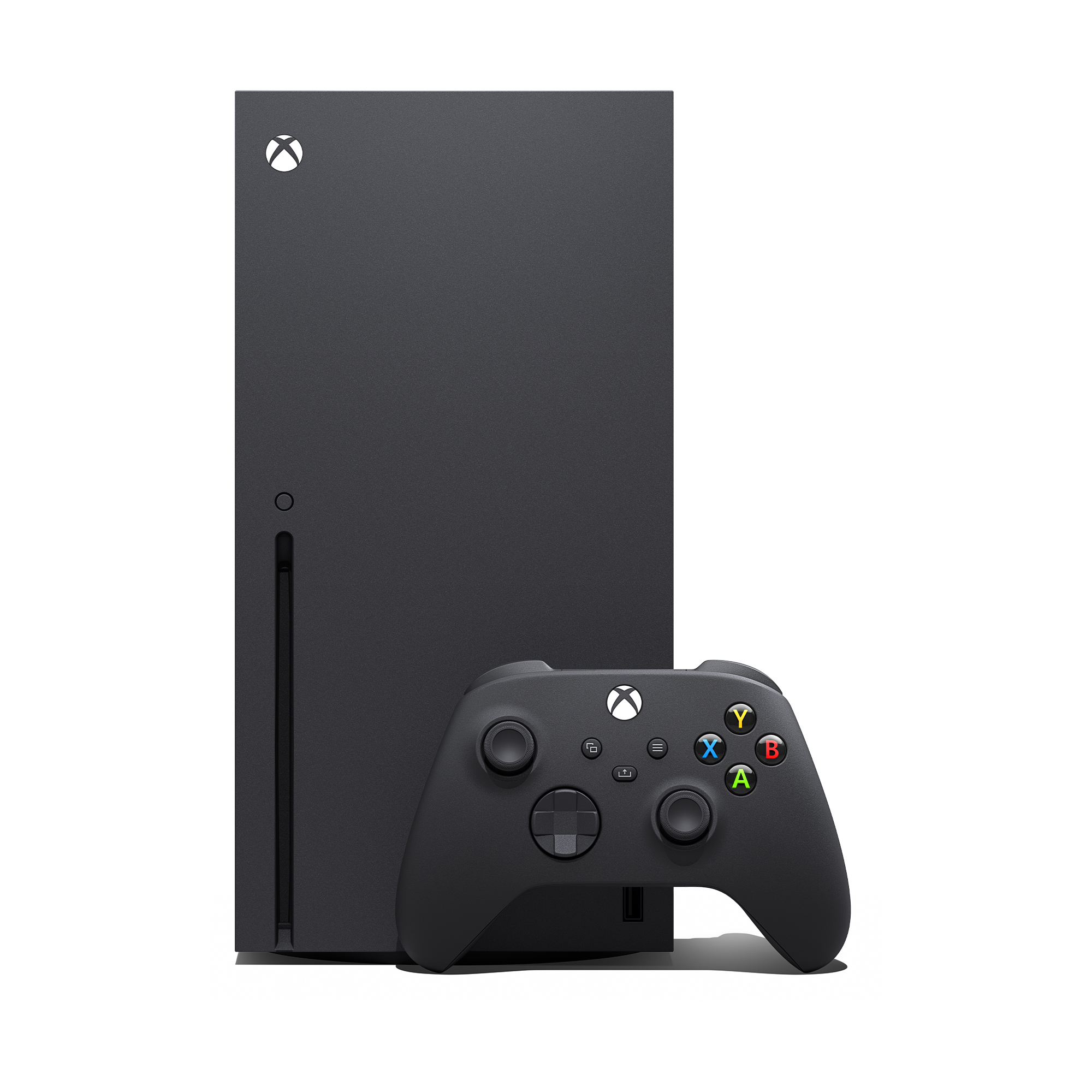 Eine schwarze Xbox Series X Konsole und ein schwarzer Controller auf weißem Hintergrund.