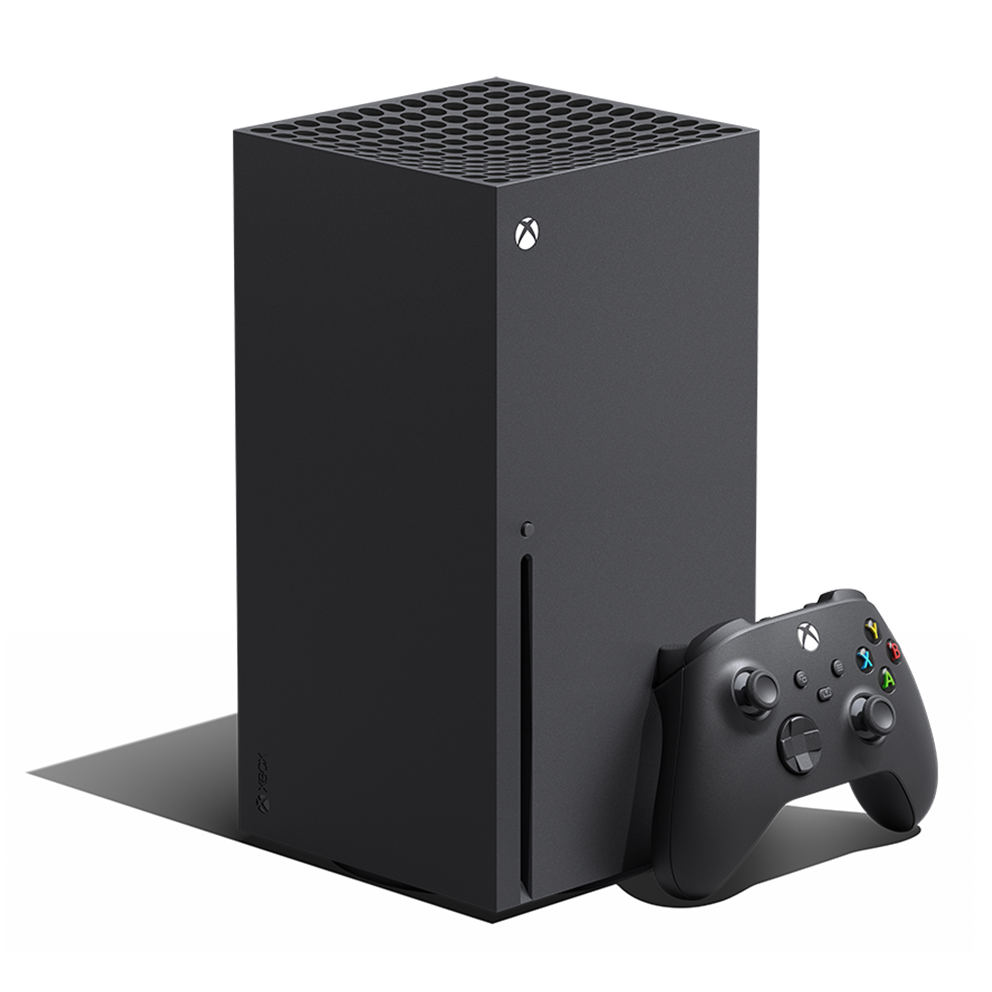 Schwarze Xbox Series X Konsole und Controller auf weißem Hintergrund, Schatten.