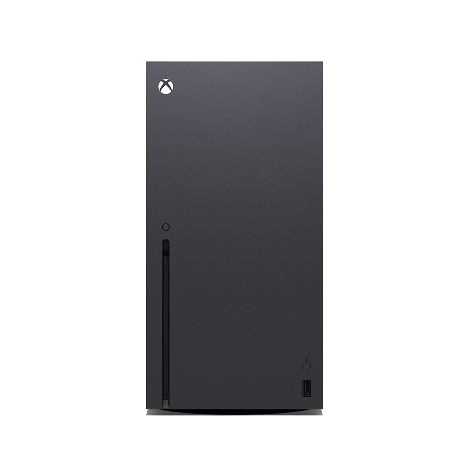 Eine schwarze Xbox Series X Konsole, vertikal, mit Xbox-Logo und Anschlüssen auf der Vorderseite.
