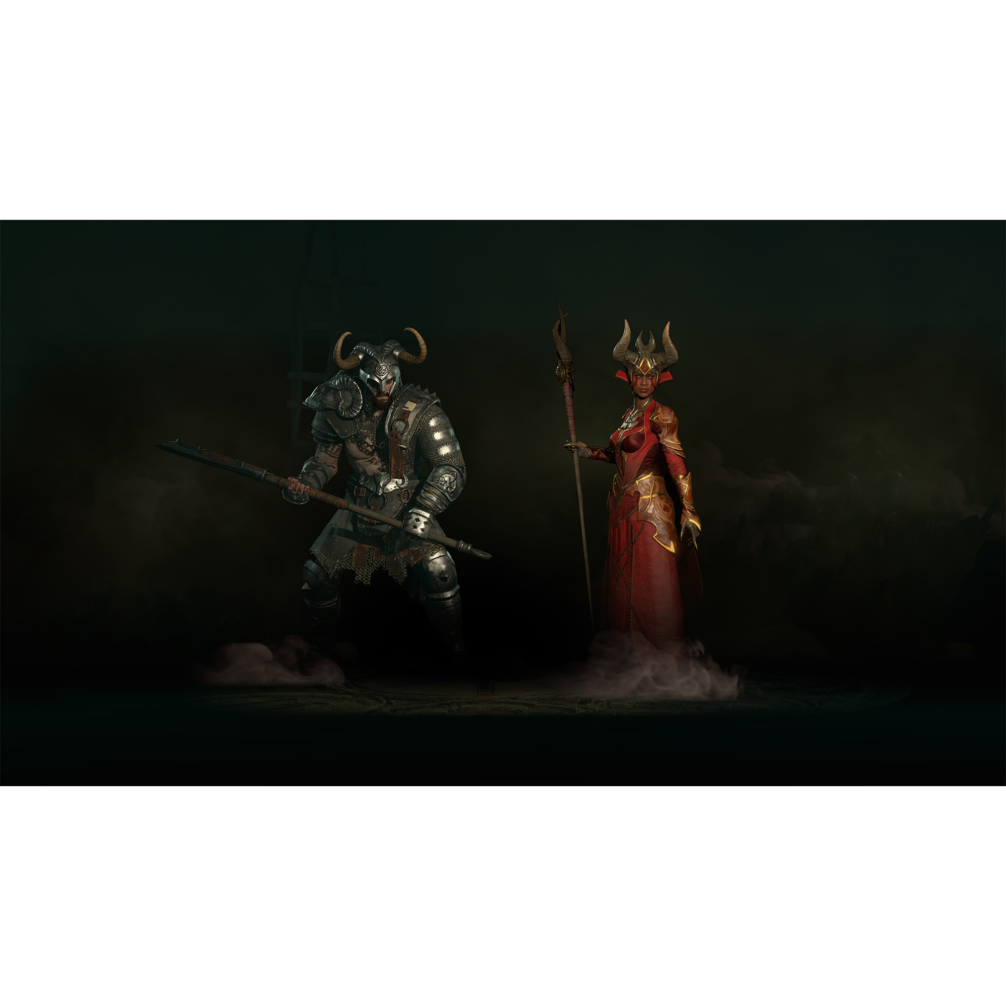 Zwei Fantasy-Charaktere mit Waffen, in dunkler Umgebung. Ein Krieger und eine Zauberin werden dargestellt.
