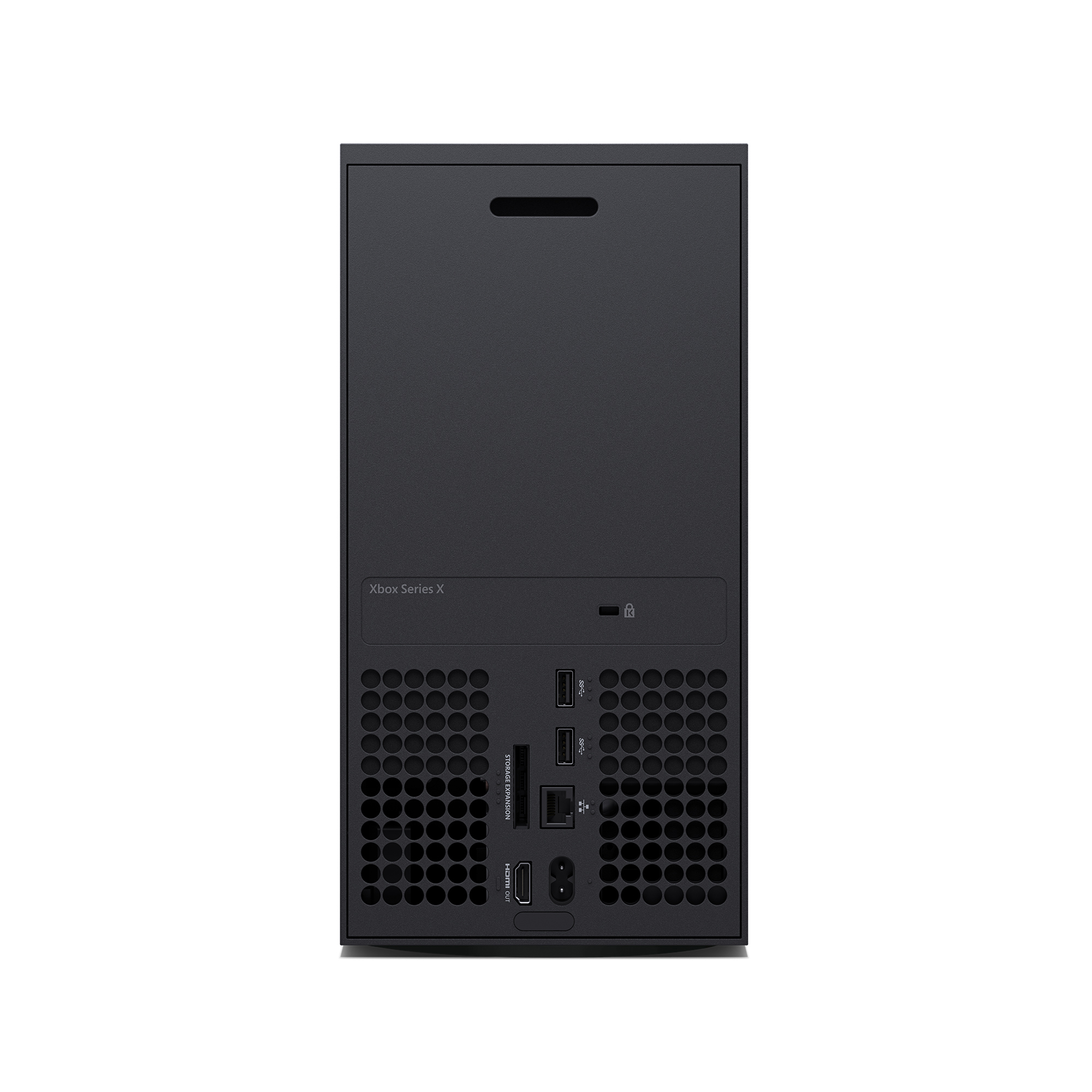 Schwarze Xbox Series X Konsole. Die Rückseite zeigt mehrere Anschlüsse und das Xbox-Logo.
