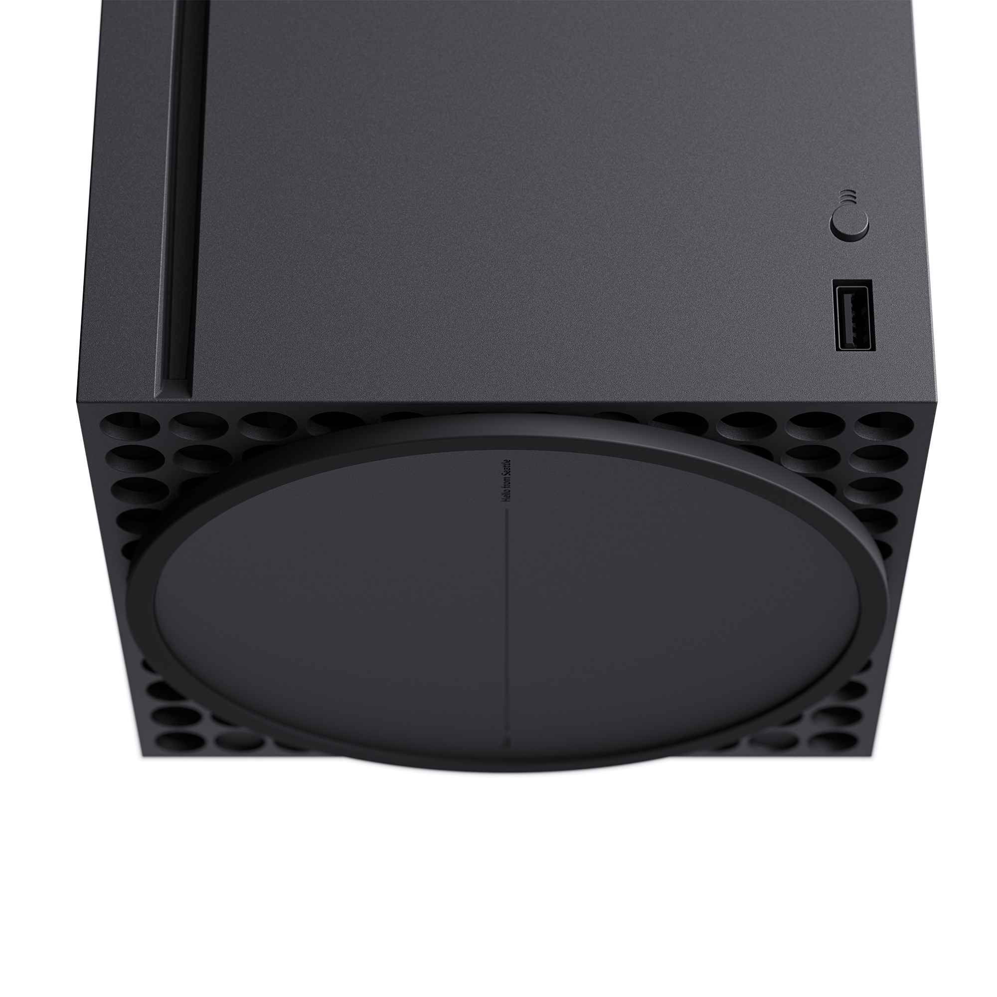 Schwarze Xbox Series X Konsole, Draufsicht. Mit Luftschlitzen und runder Basis.