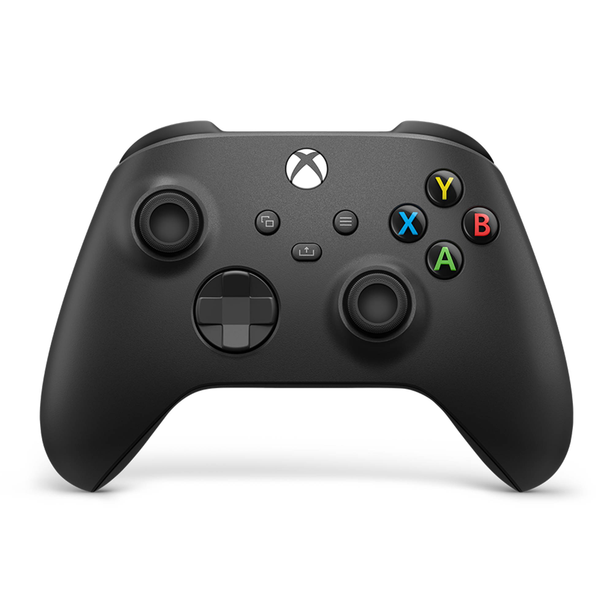 Schwarzer Xbox-Controller mit verschiedenen farbigen Tasten (Y, X, B, A), Steuerkreuz und anderen Tasten.