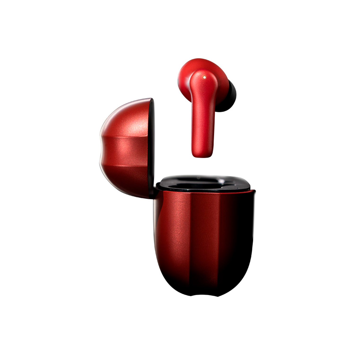 Auriculares rojos y estuche de carga. Fondo blanco. Estuche abierto, un auricular fuera.