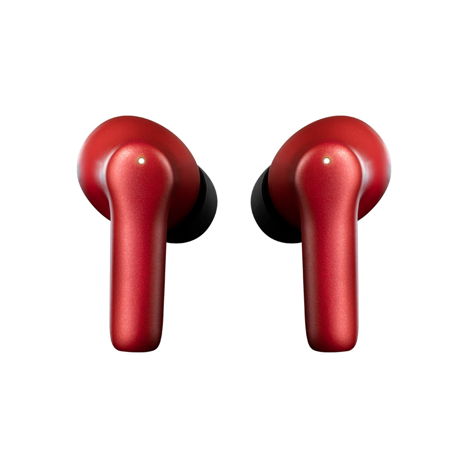 Par de auriculares rojos. Cada uno tiene un tallo y un auricular redondeado, sobre fondo blanco.