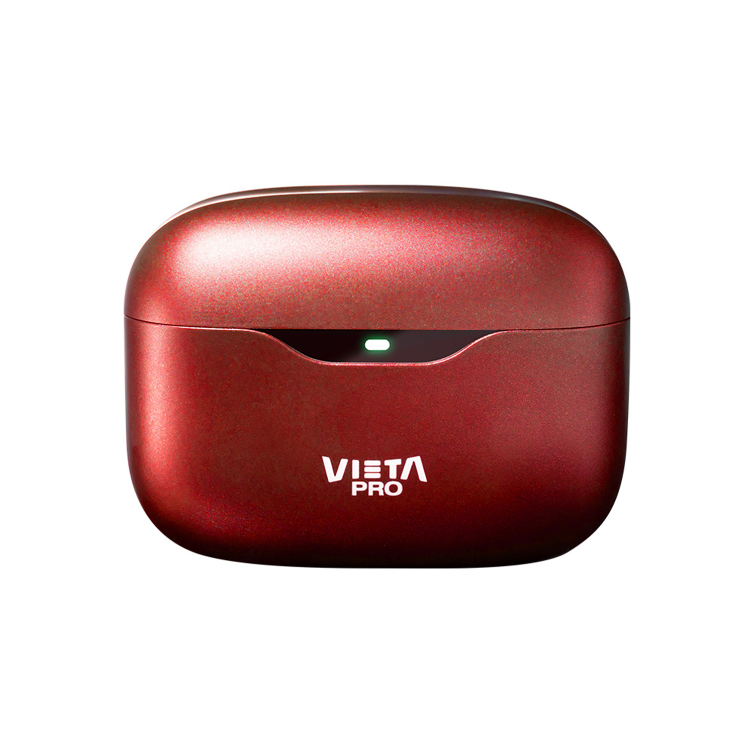 Estuche de carga rojo para auriculares, etiqueta VISTA PRO, luz verde.