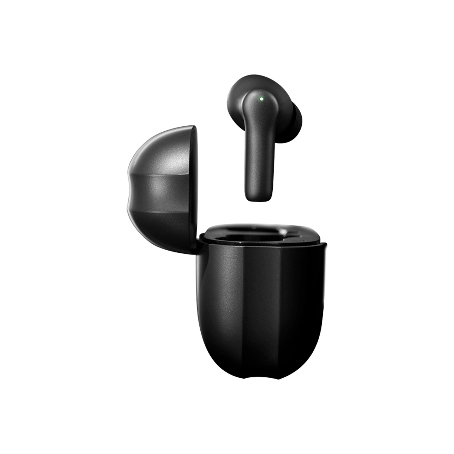 Auriculares inalámbricos negros, uno fuera del estuche de carga, sobre un fondo blanco.