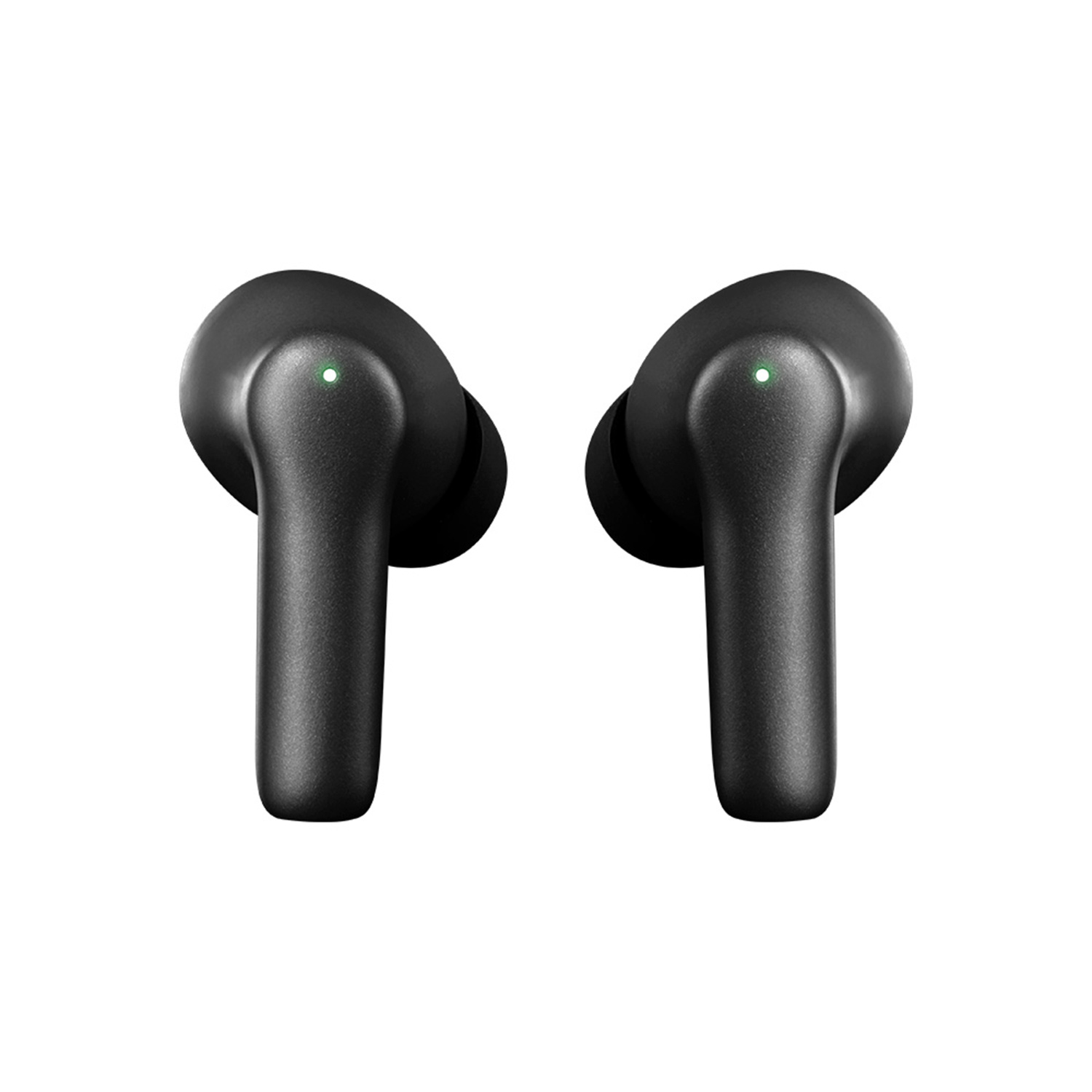 Dos auriculares inalámbricos negros, cada uno con una luz verde, sobre un fondo blanco.