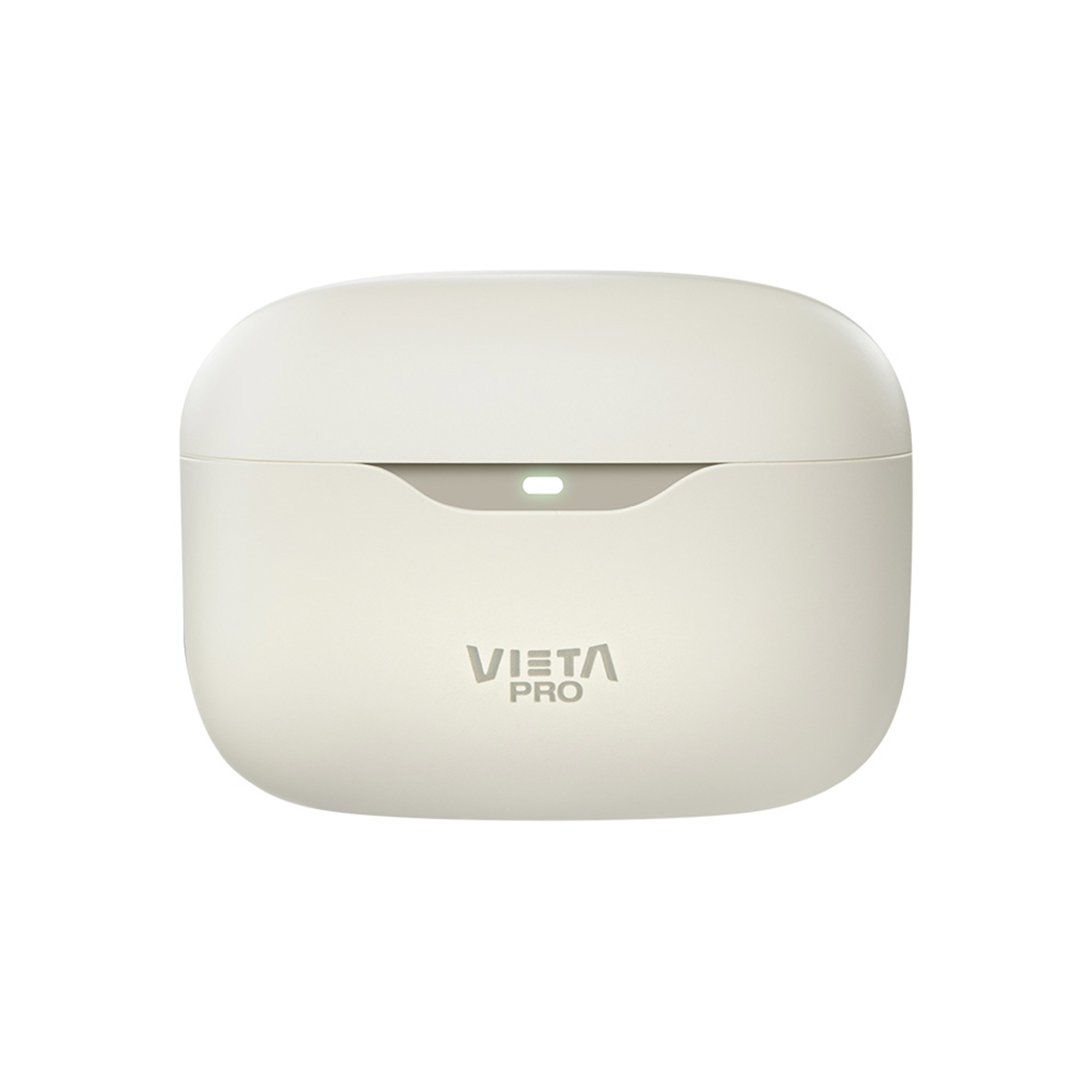 Estuche de carga de auriculares blanquecino con logo 'VIETA PRO', fondo blanco.