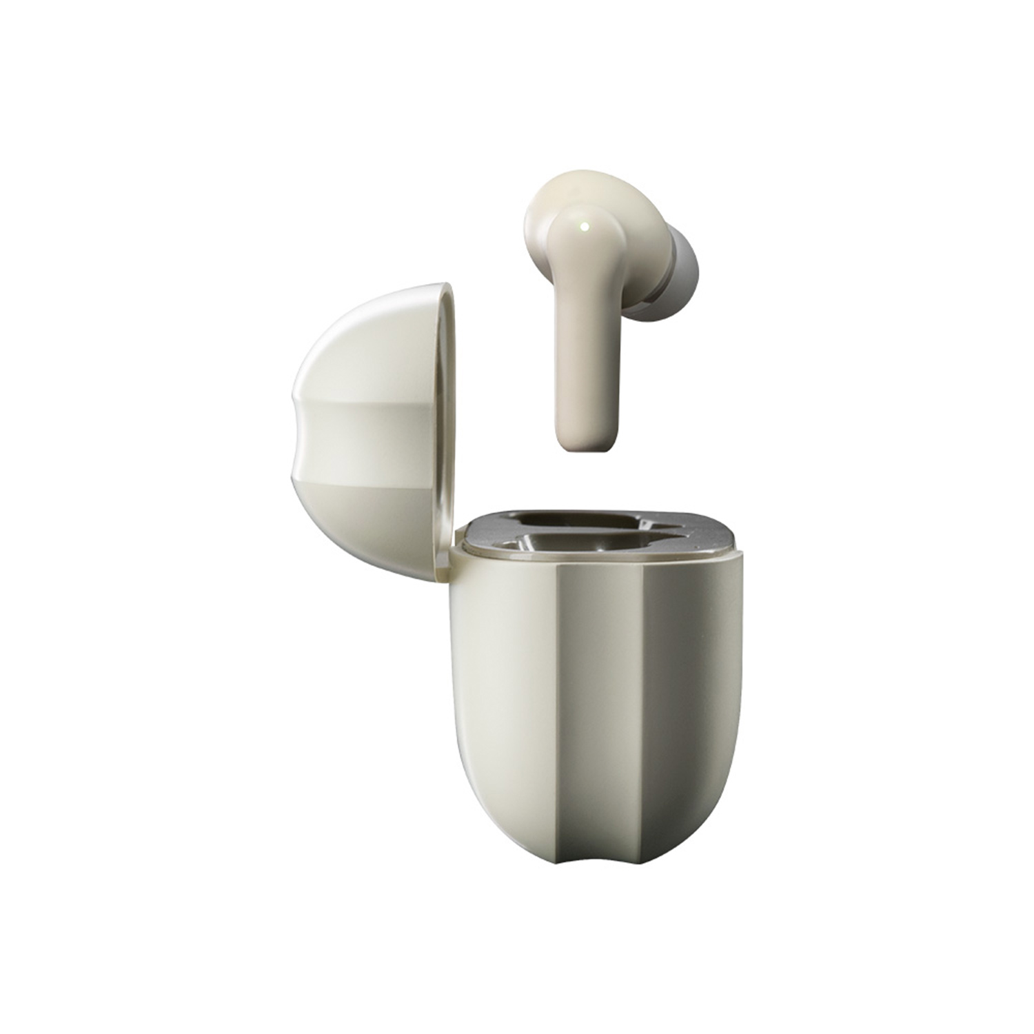 Auriculares inalámbricos en un estuche de carga abierto. Estuche y auriculares blancos. Foto de producto limpia, aislada.