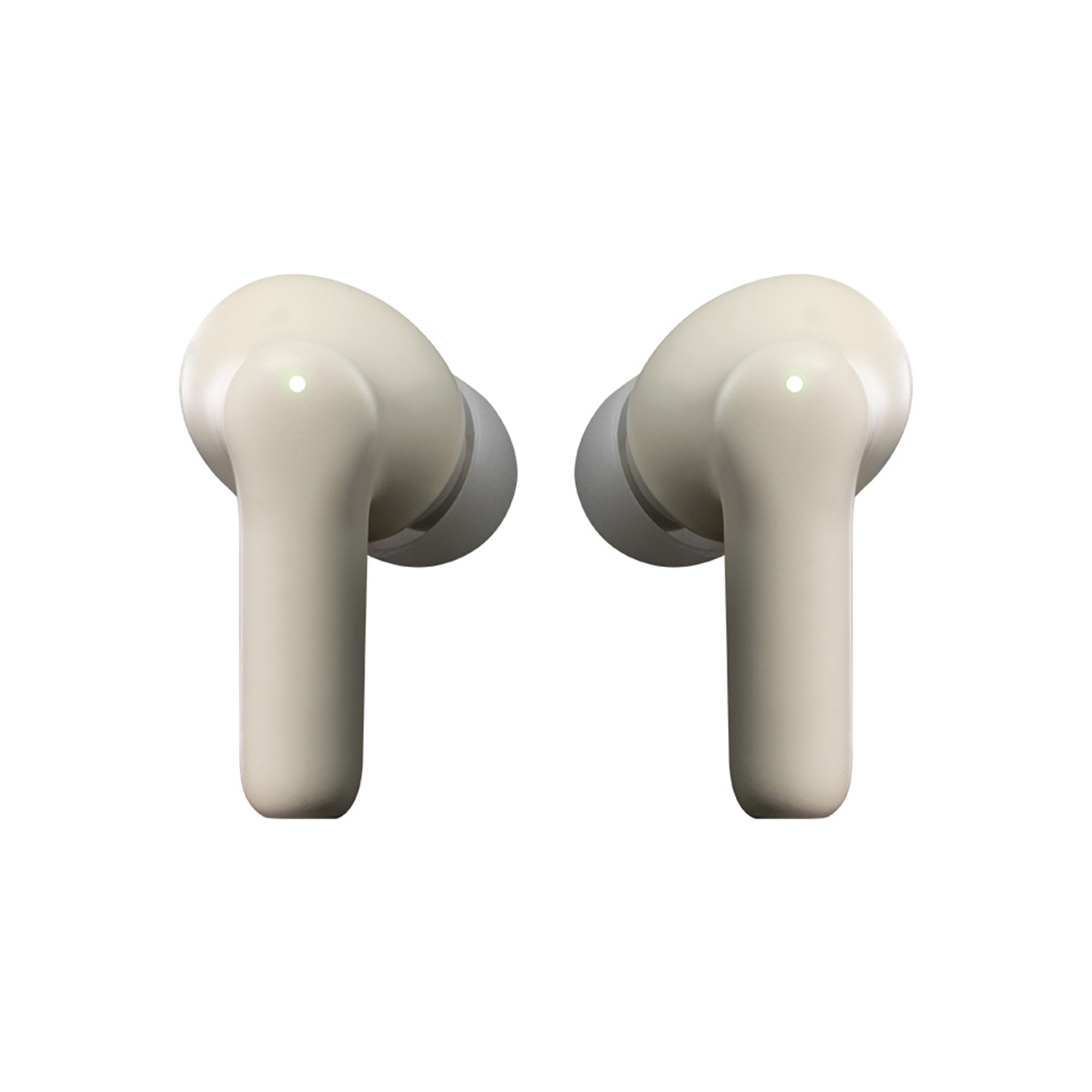 Dos auriculares de color crema, primer plano, fondo blanco.