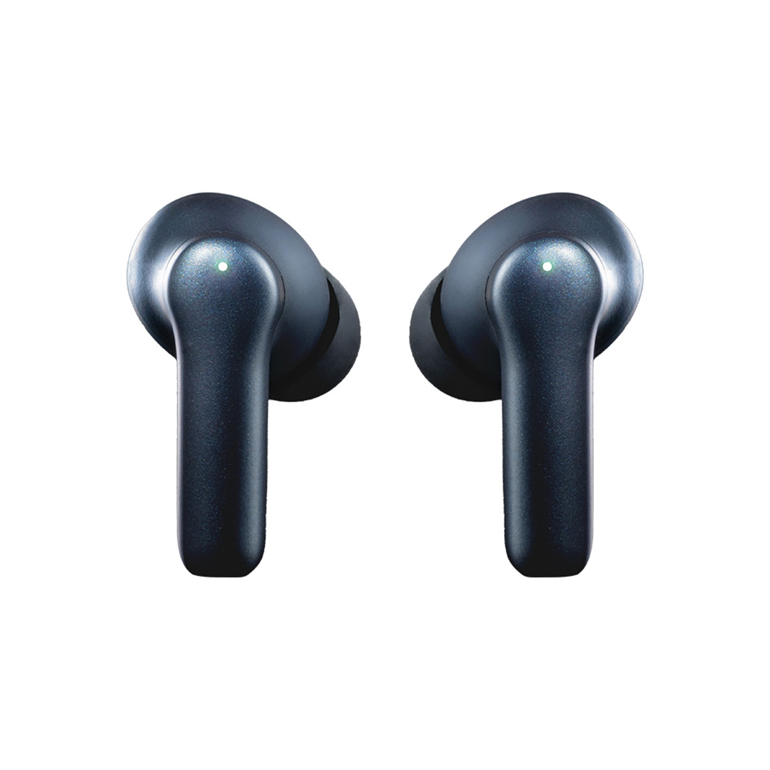 Dos auriculares inalámbricos en azul oscuro. Fondo blanco.