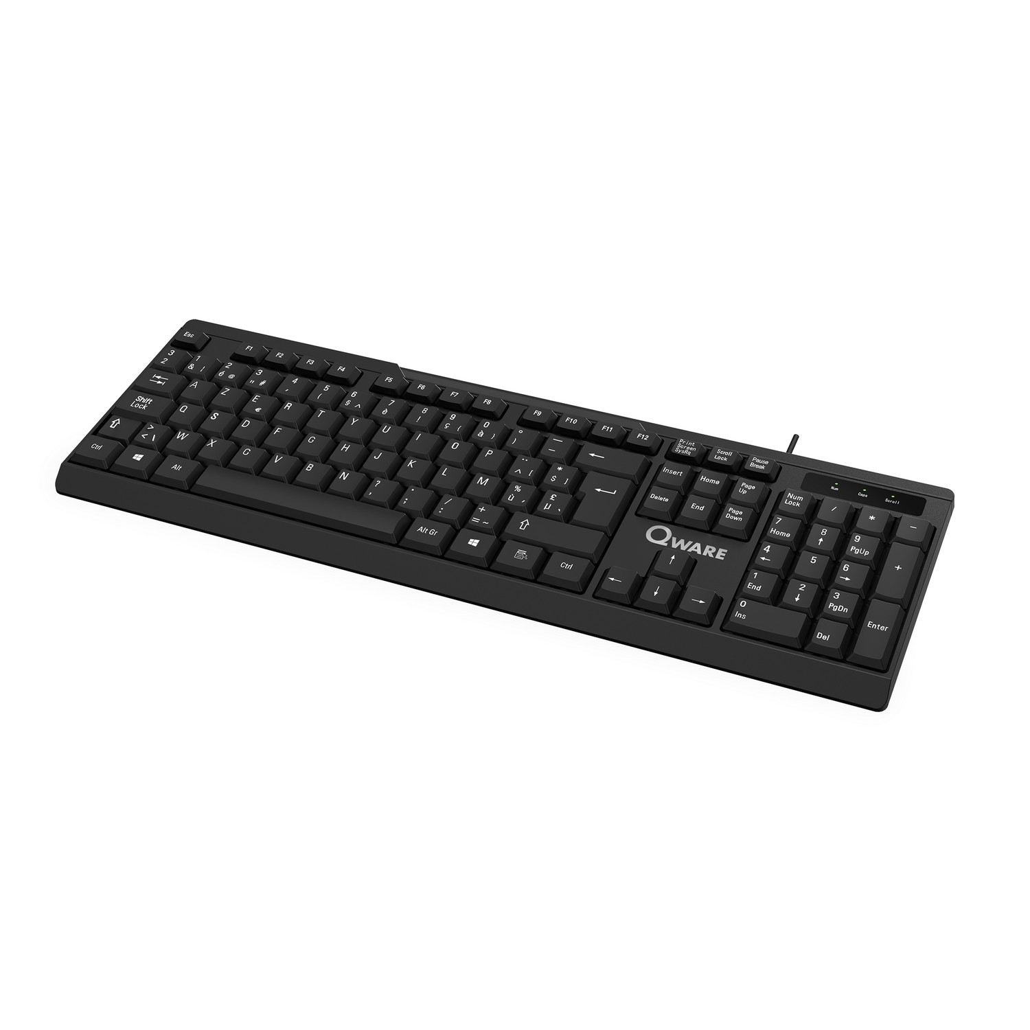 Een zwart Qware-toetsenbord met numeriek toetsenbord, op een witte achtergrond.