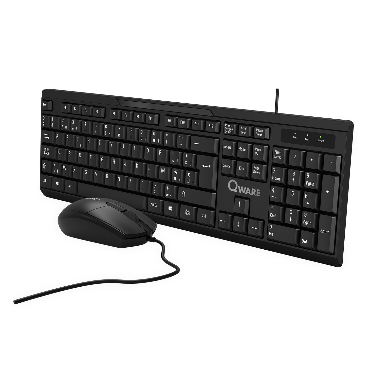 Black keyboard with a mouse connected, set against a white background, top view.