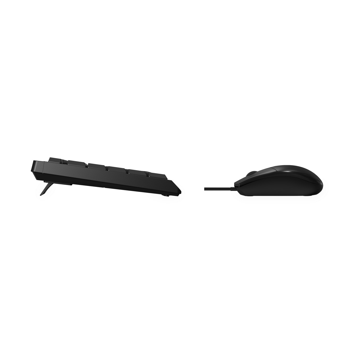Black keyboard and mouse. The keyboard is angled with the legs out. Both are on white background.