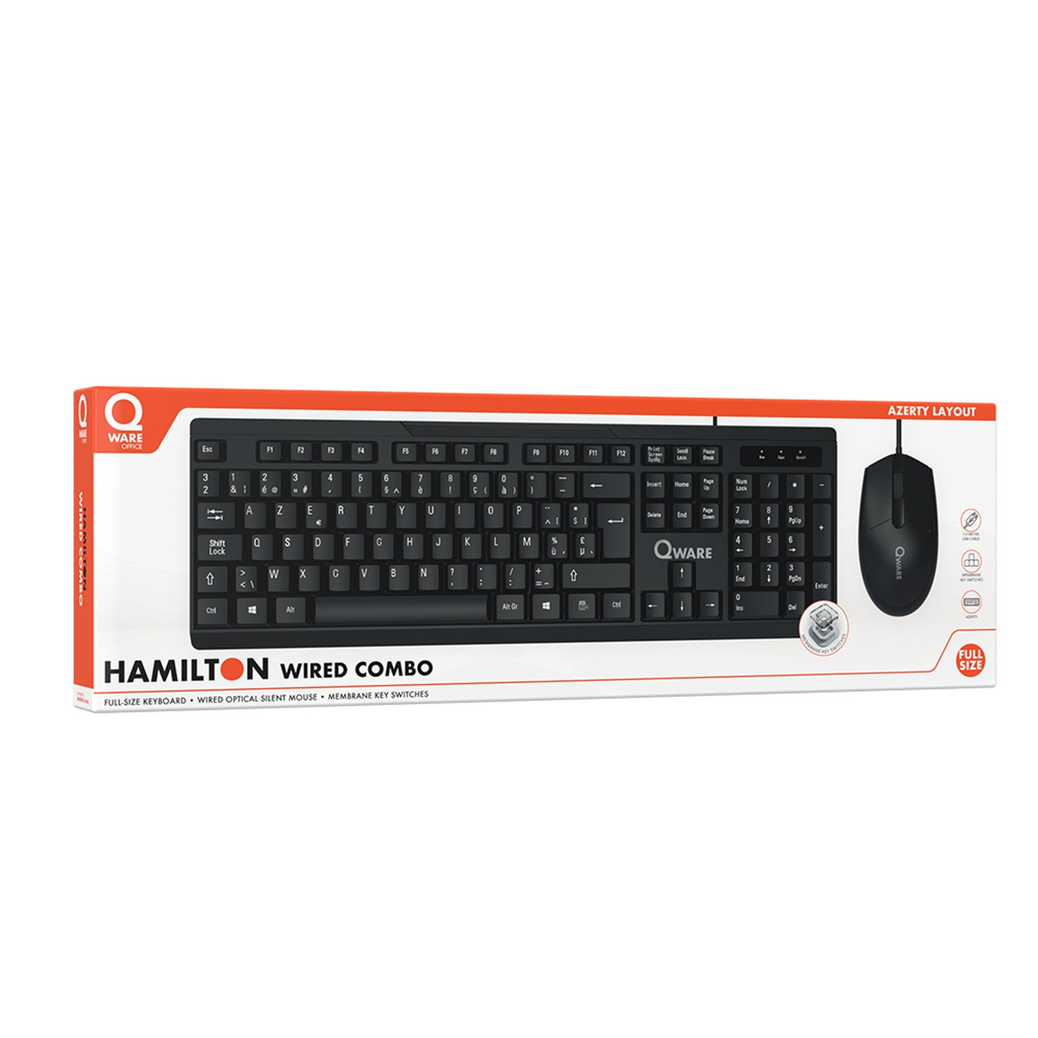 Qware wired keyboard and mouse combo. Black keyboard with white keys and a black mouse, in a box.