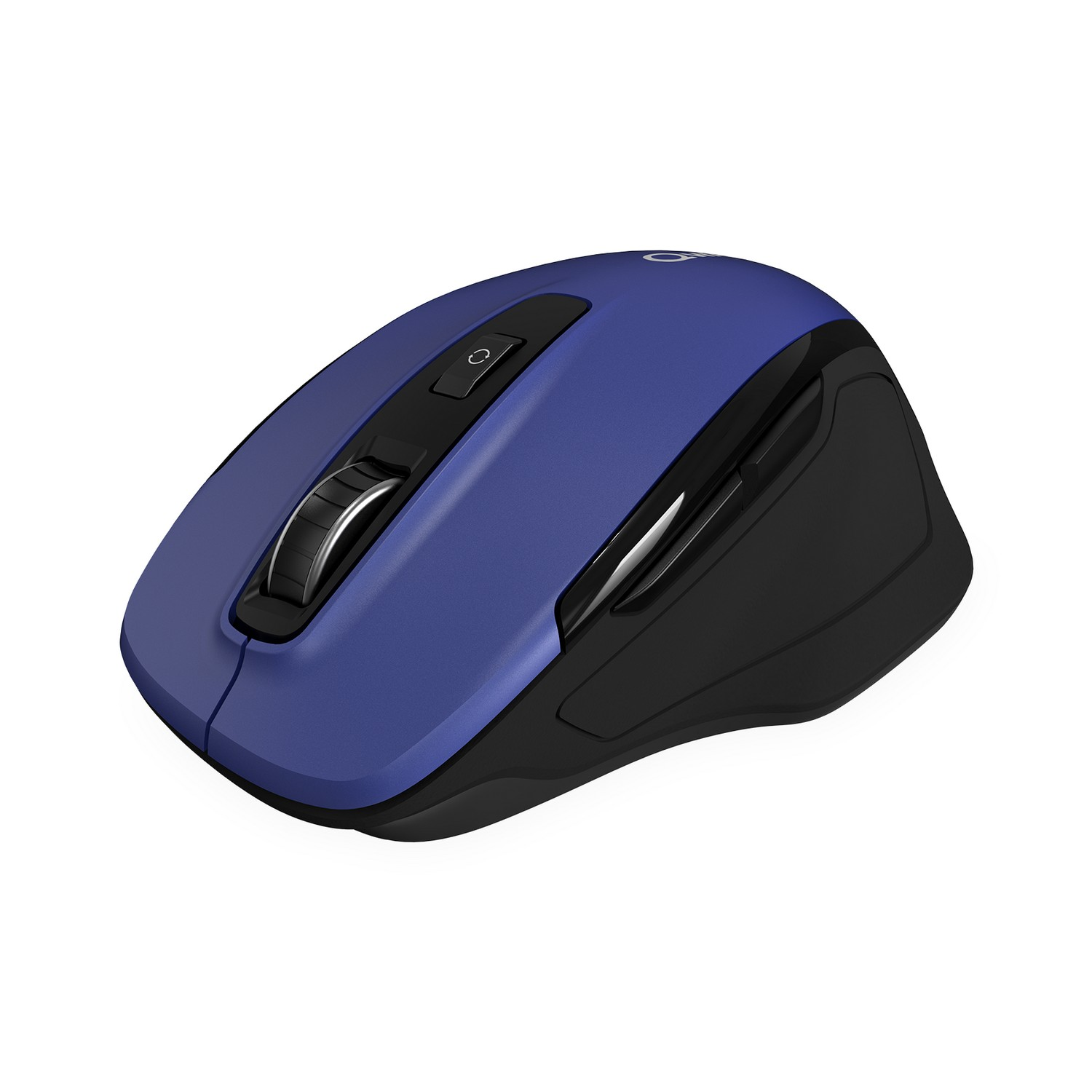 A blue and black wireless mouse. It has a scroll wheel and buttons on top, and a sleek design.