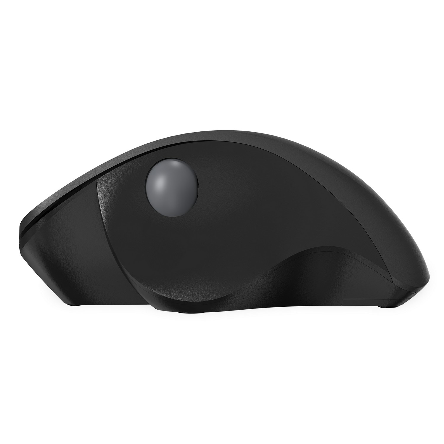 Black ergonomic mouse with a gray trackball and a curved design.