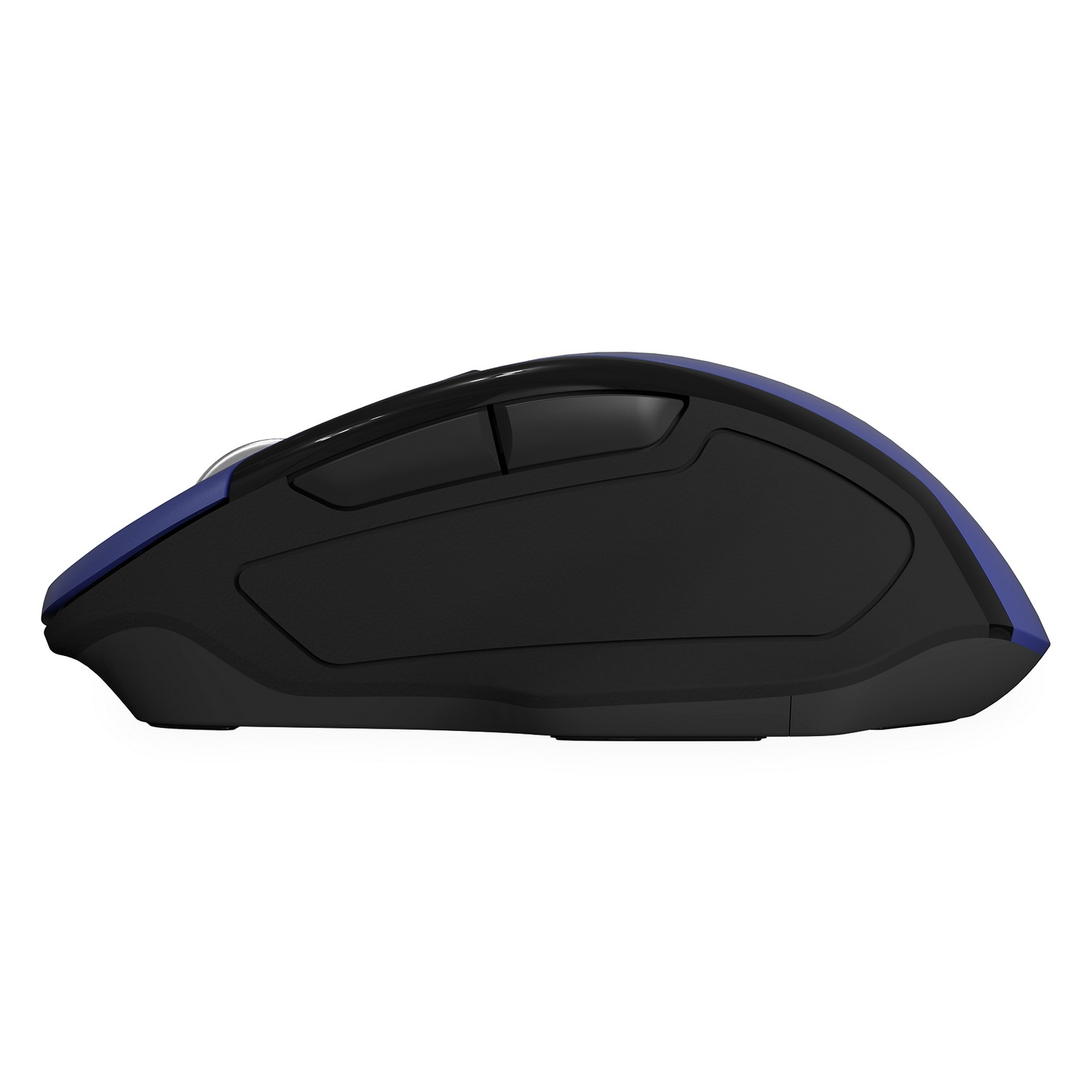 Side view of a black and blue computer mouse.