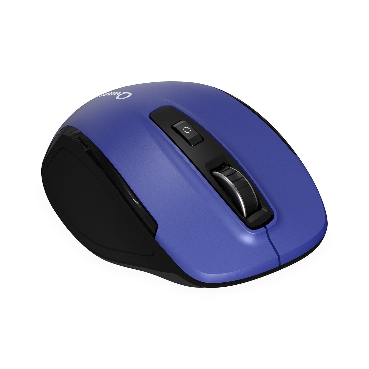 Blue wireless computer mouse with black accents, showing the scroll wheel and power button.