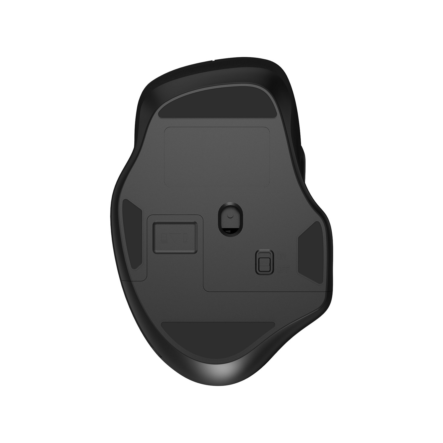 The bottom of a black ergonomic mouse, showing buttons, a power switch, and a charging port.