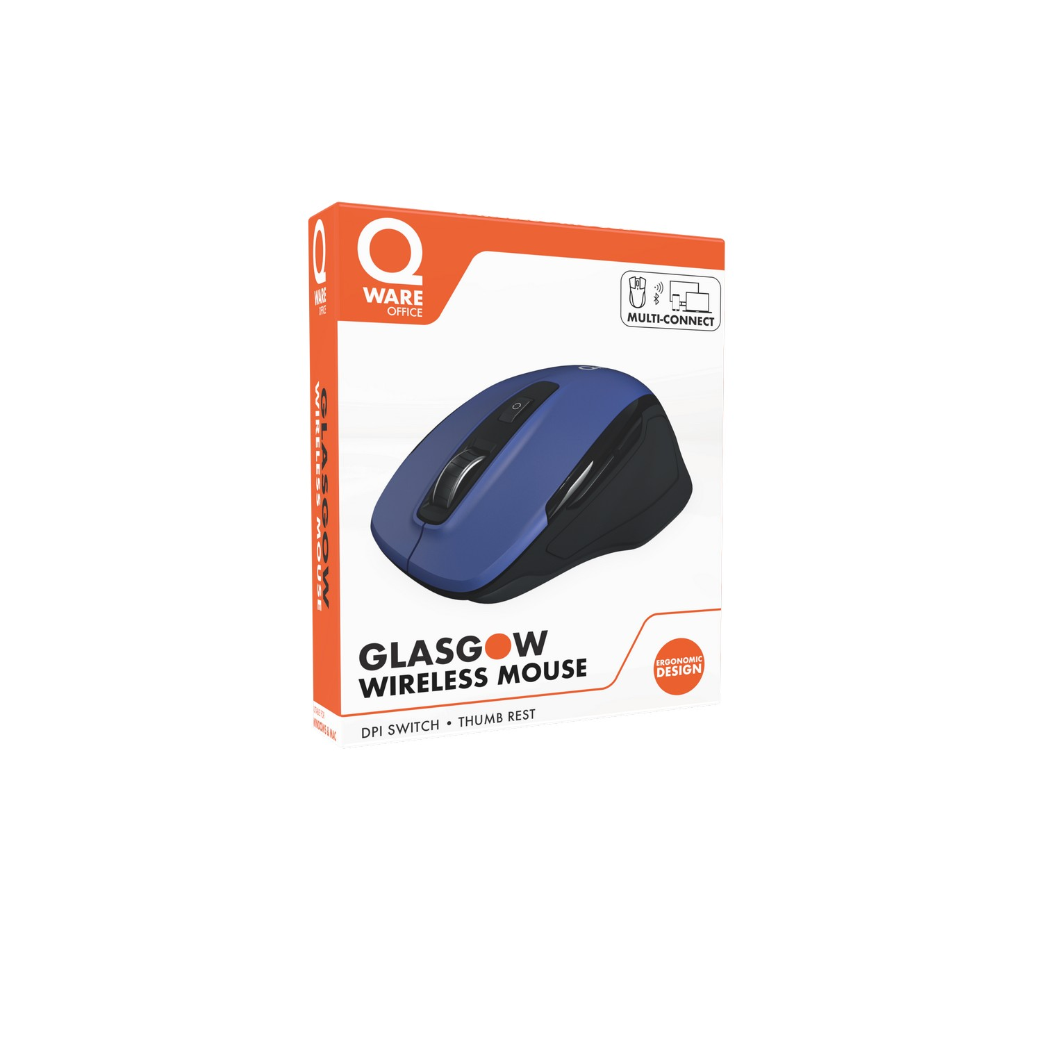 A blue and black wireless mouse in a box, with the brand name and product description on it.