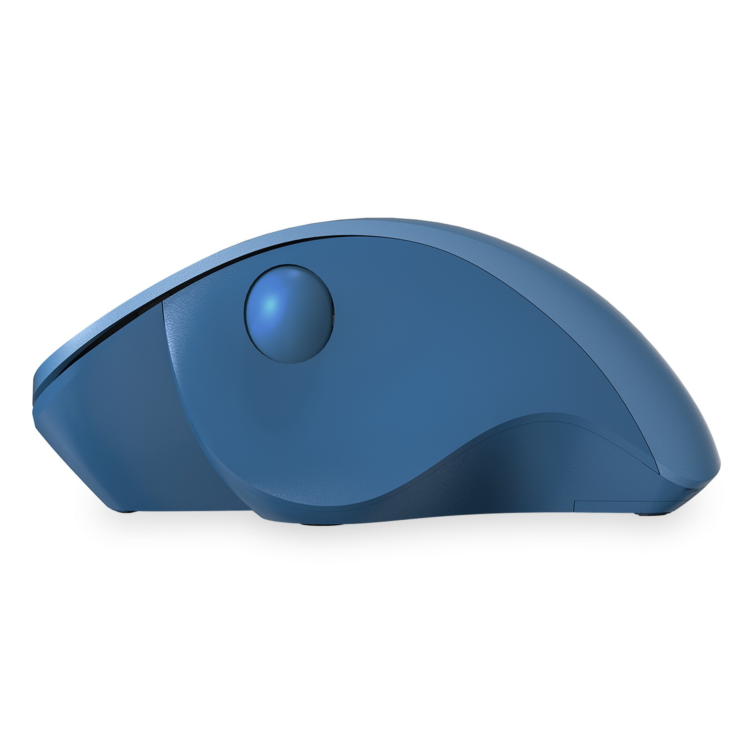 Blue ergonomic trackball mouse with a central blue ball on a white background.