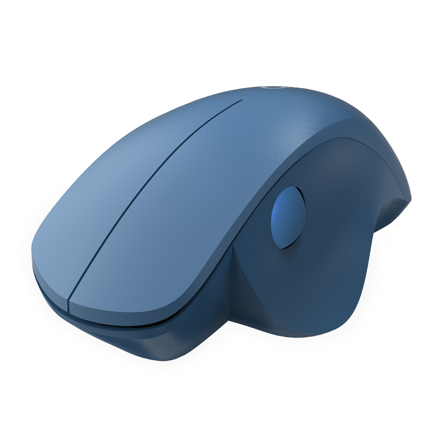 Blue ergonomic mouse with a scroll wheel and a button, on a white background.