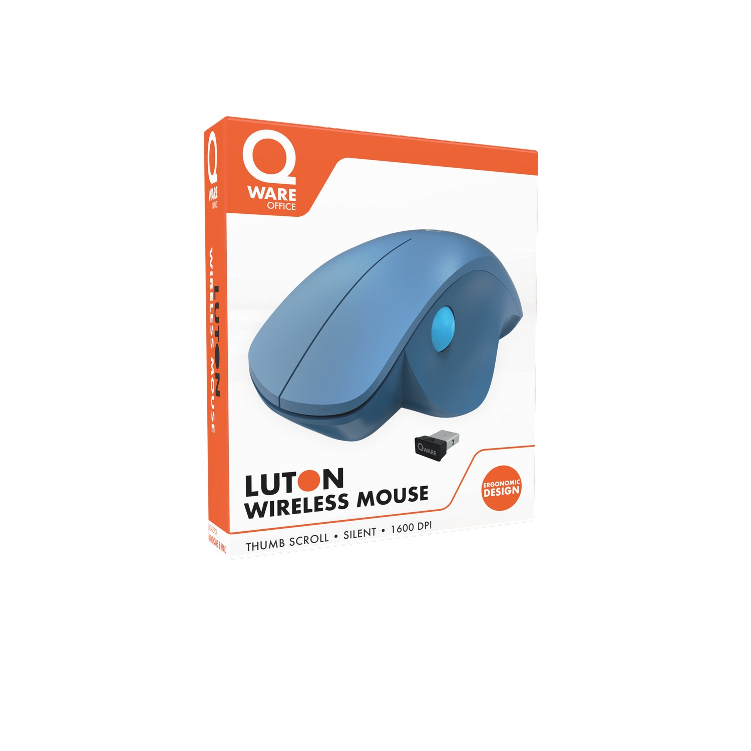 Blue ergonomic wireless mouse in a box. The box is orange and white with the brand name.