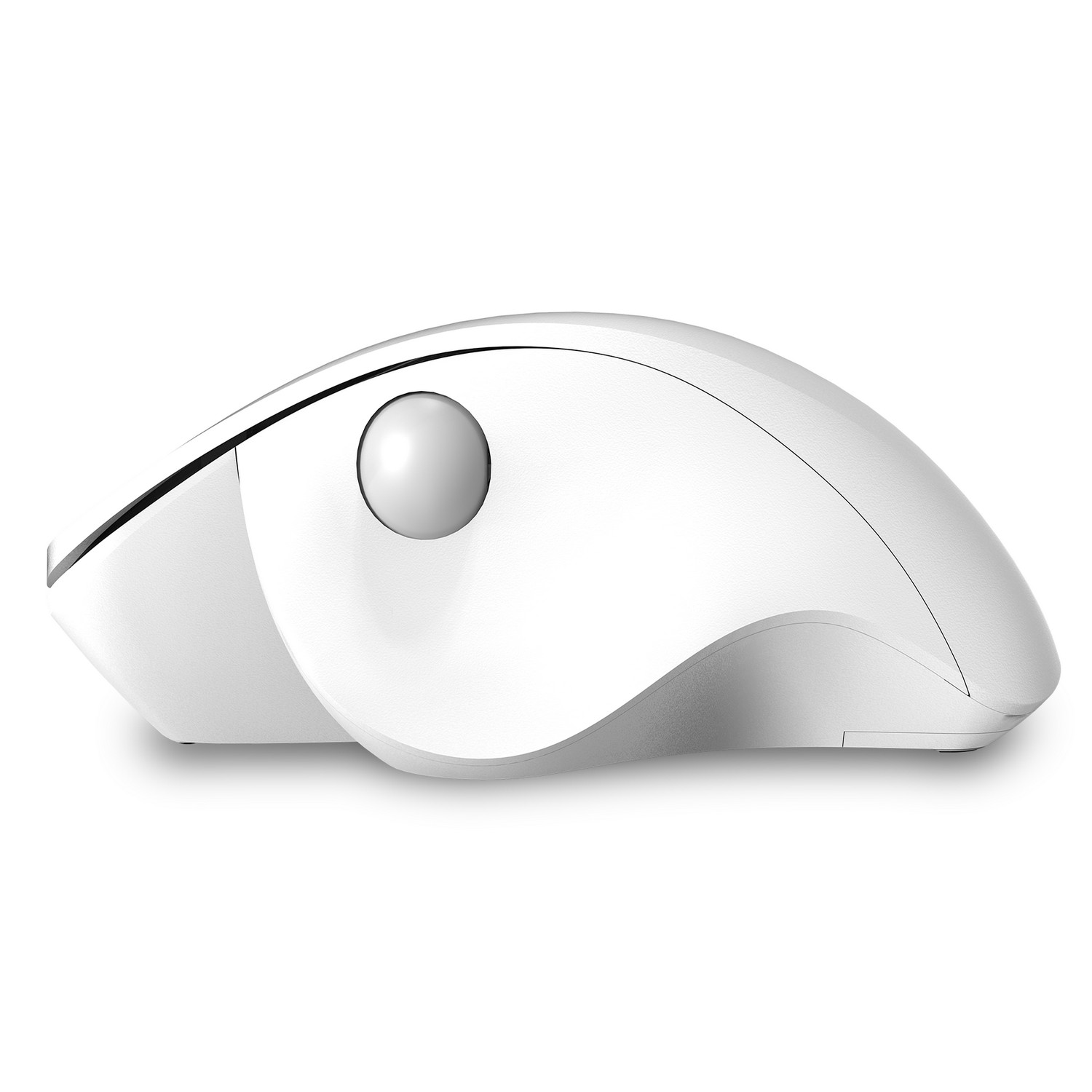 A white ergonomic mouse with a trackball. White background.