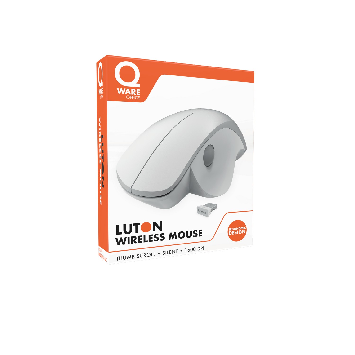 White wireless mouse in a box, with the product name and ergonomic design details.