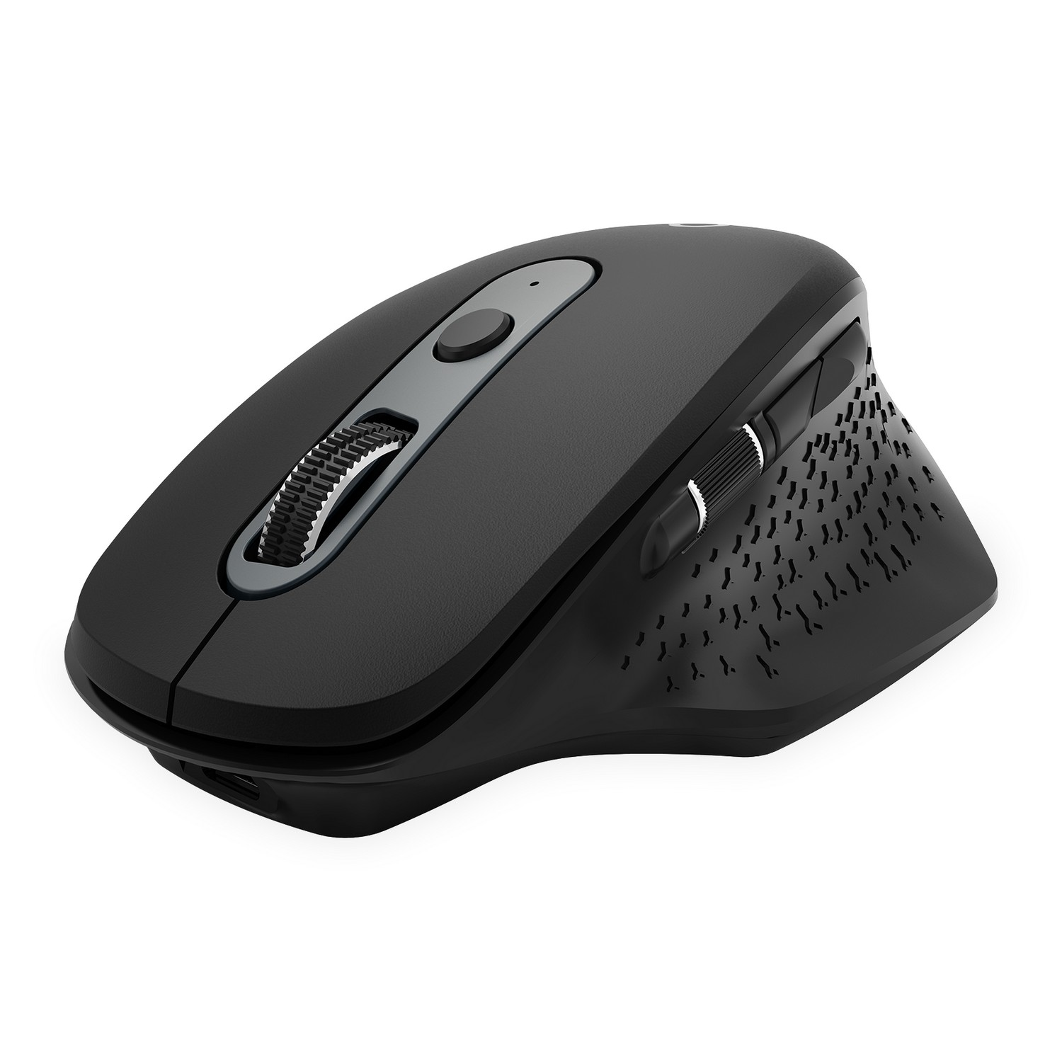 Black ergonomic mouse with scroll wheel and side buttons, isolated on white background.