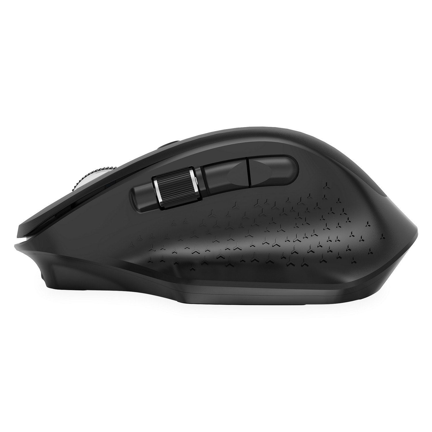 A black ergonomic mouse with a scroll wheel and buttons. The top is textured with small triangles.
