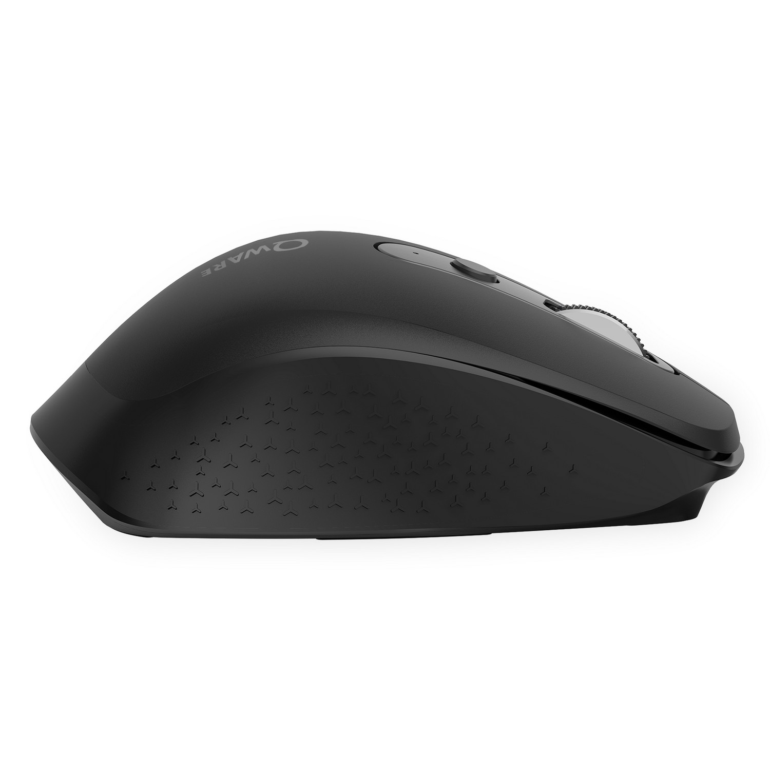 Black computer mouse on a white background. Side view. The mouse has a scroll wheel and buttons.
