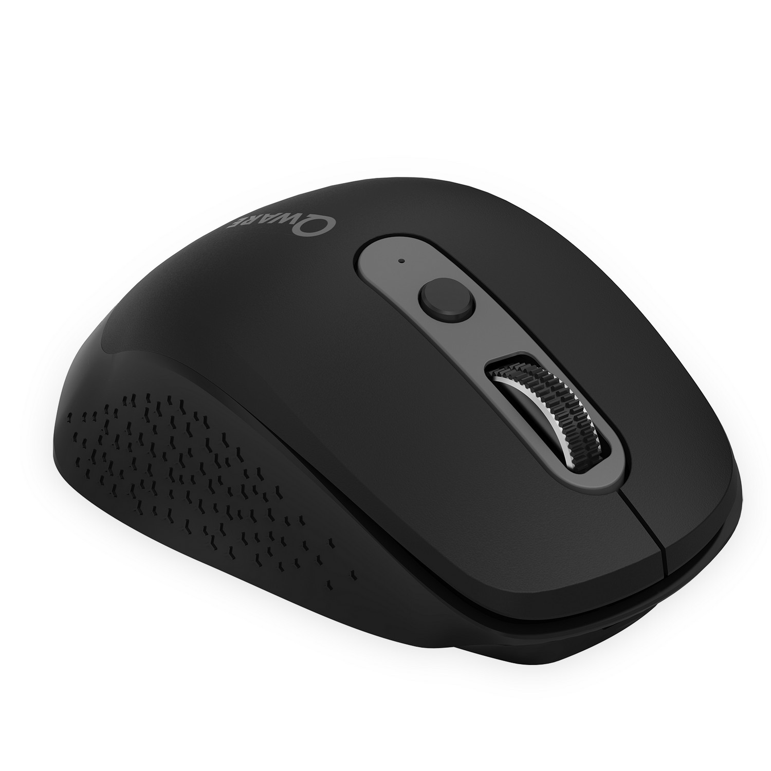 A black computer mouse with a gray scroll wheel and a logo. Wireless design.
