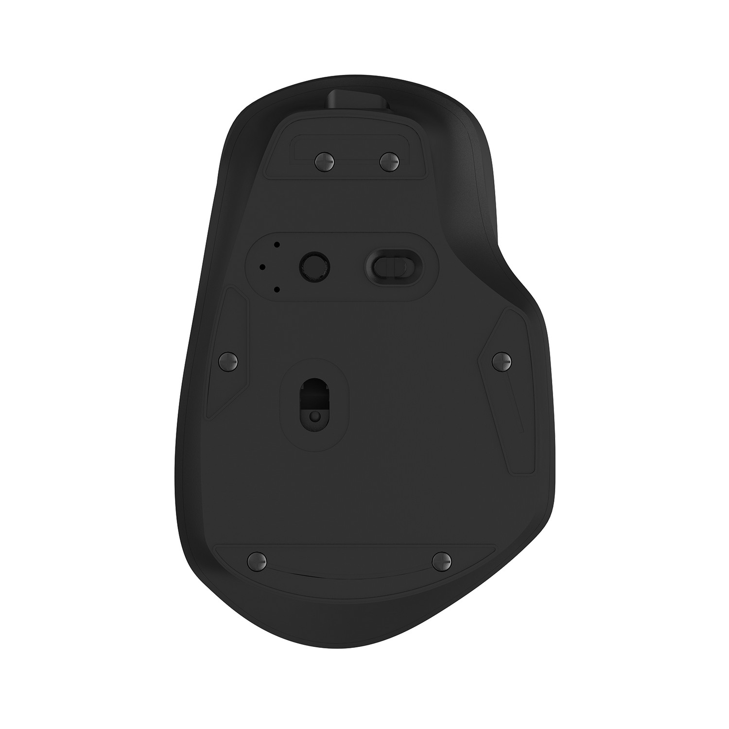 Bottom view of a black mouse with buttons, a scroll wheel, and screws.