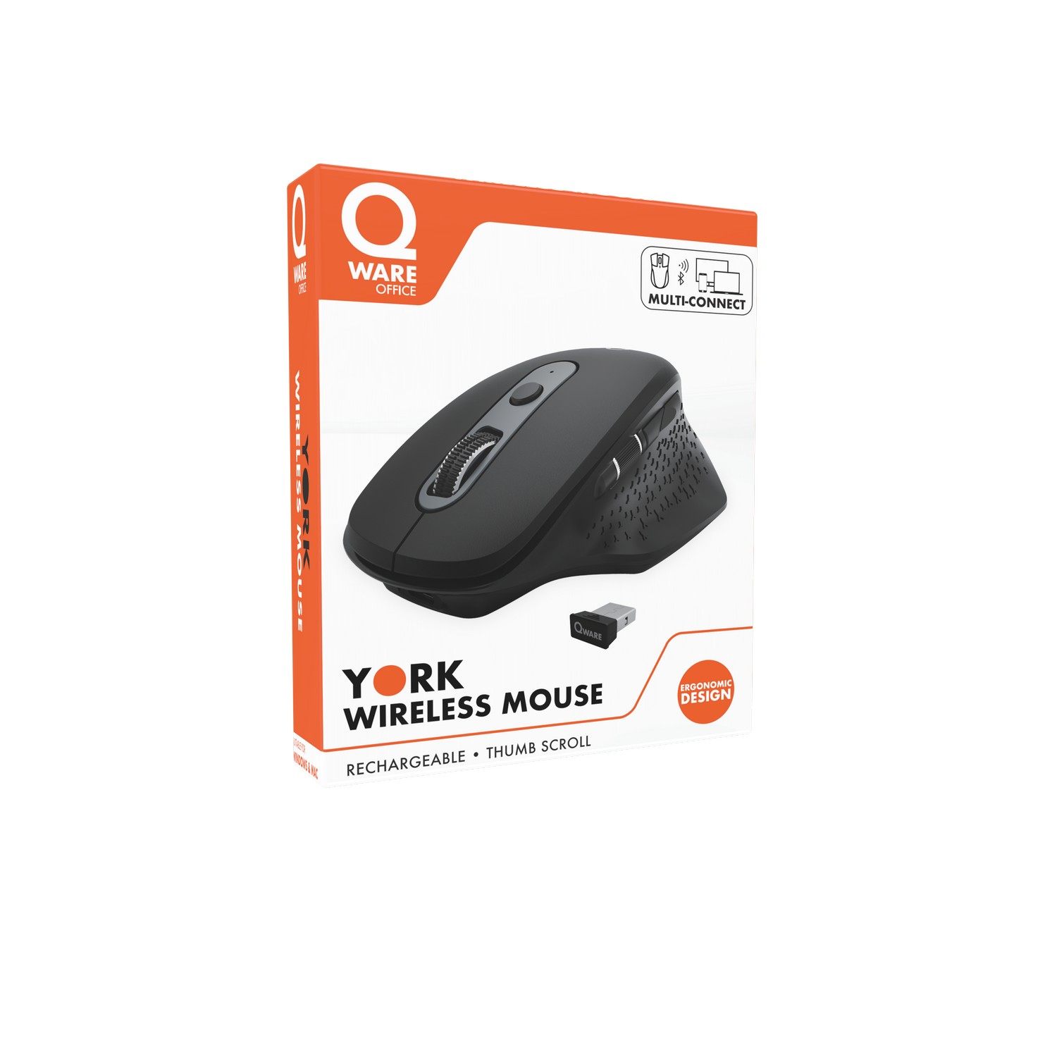 A black wireless mouse in a box with a multi-connect feature.