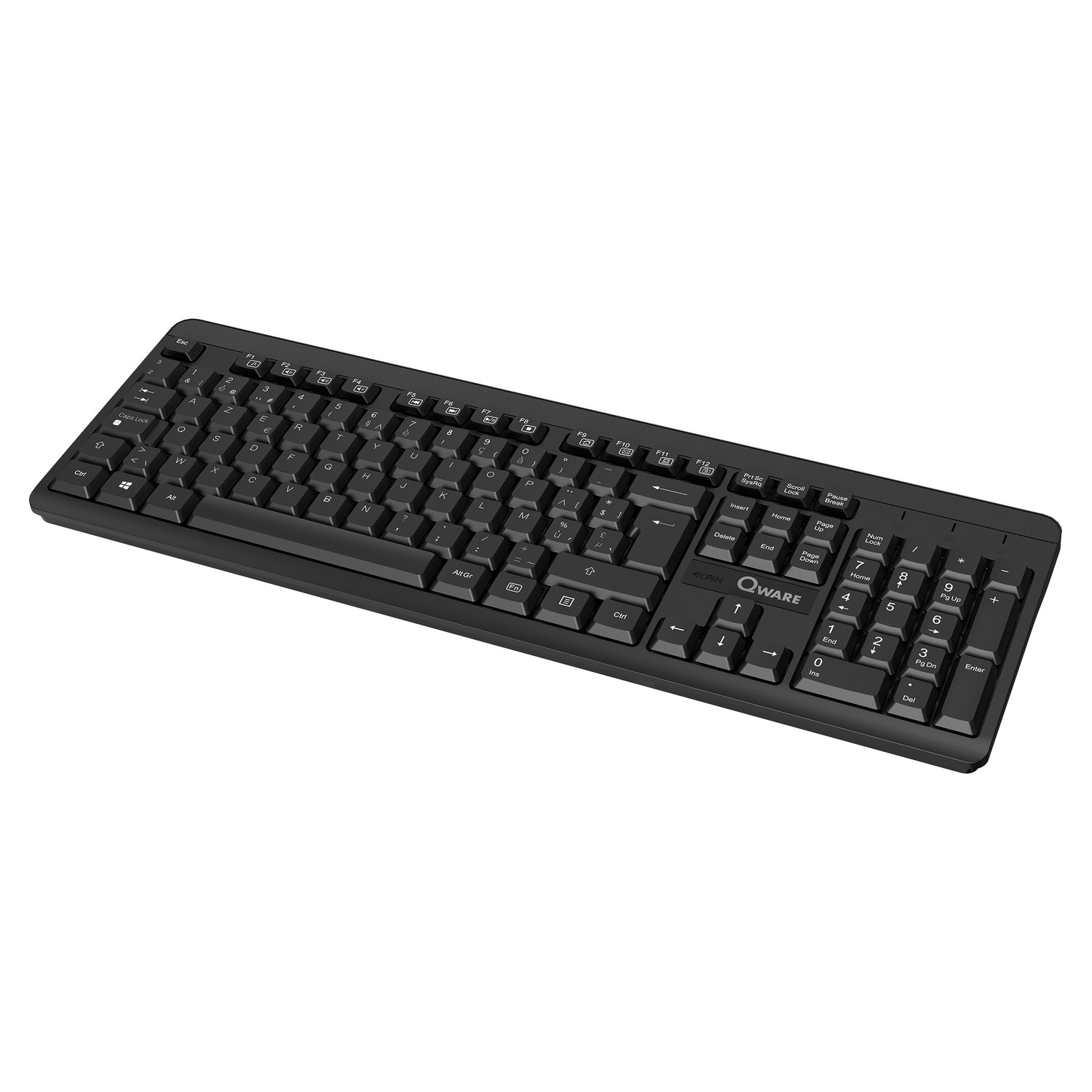Zwart toetsenbord met numeriek toetsenbord, QWERTY-indeling en standaardtoetsen.