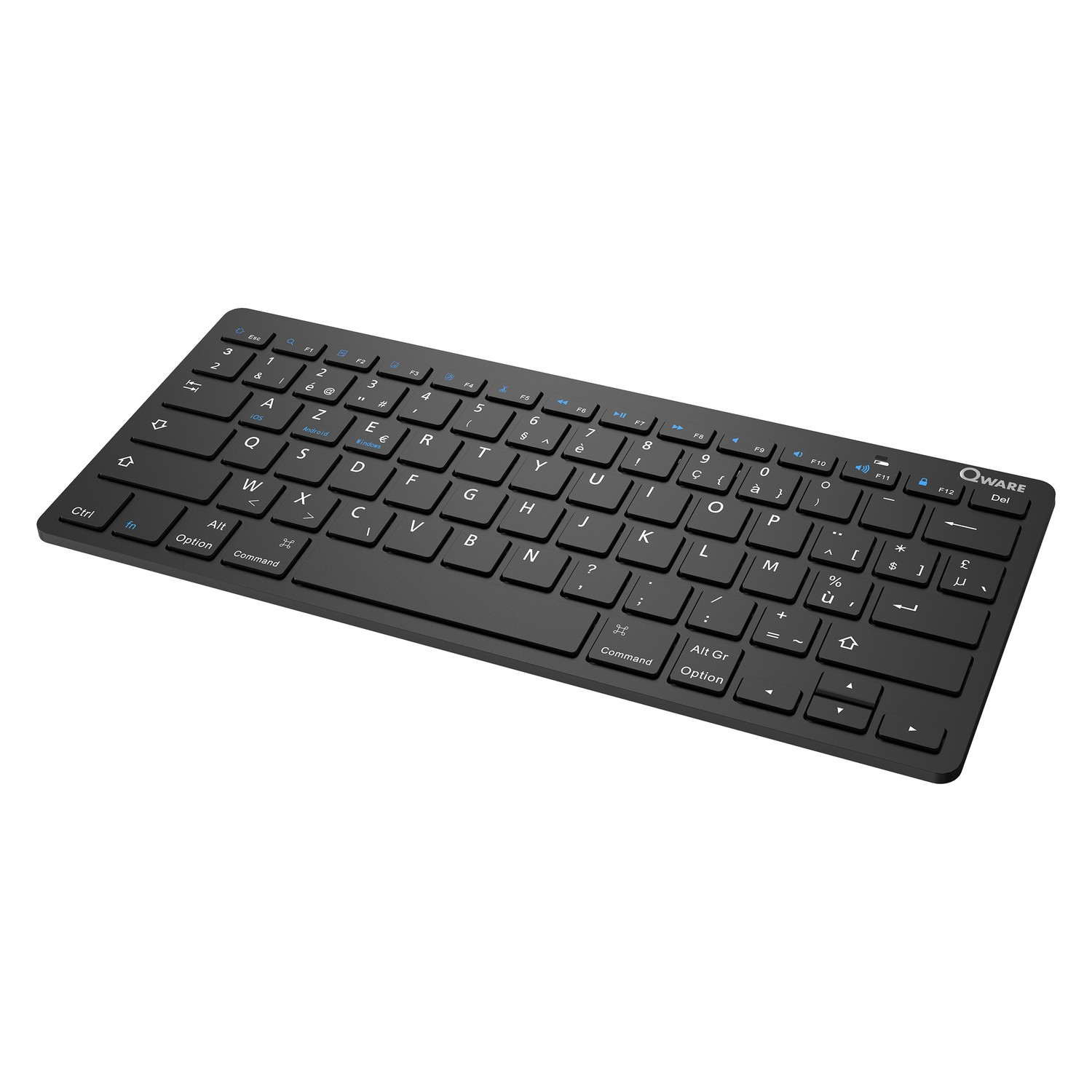 A black wireless keyboard with white keycaps and blue secondary functions. It sits on a white surface.