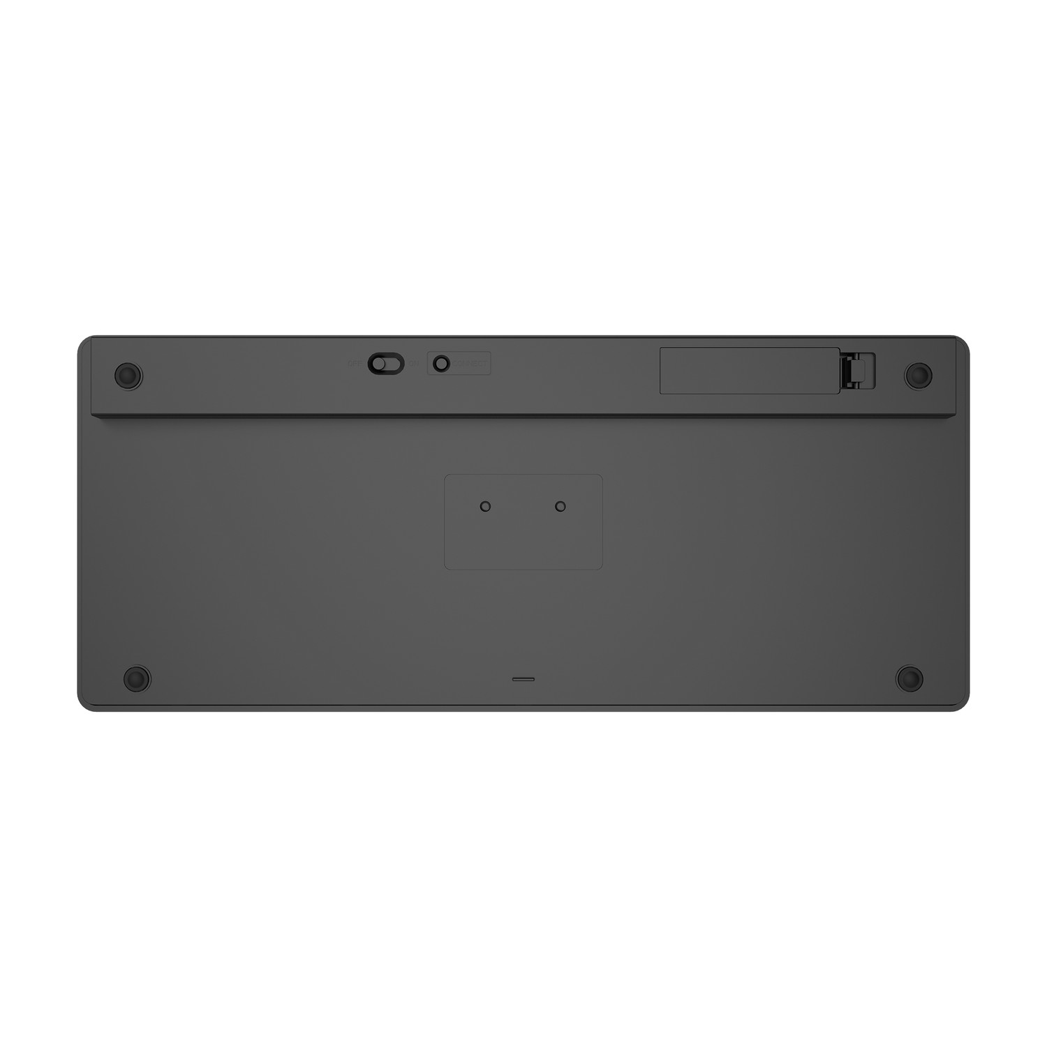 The underside of a dark gray keyboard, showing the battery compartment and feet.