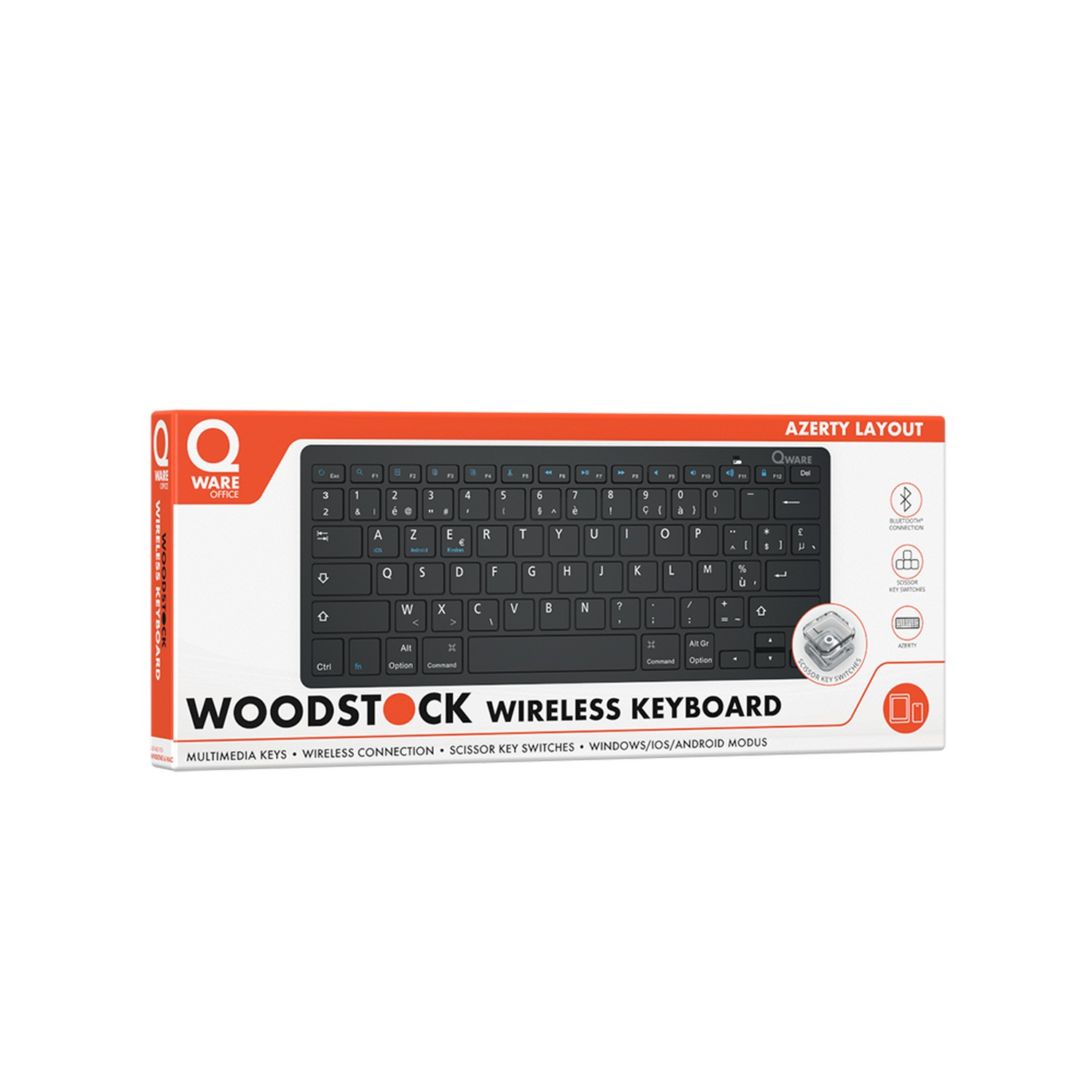 A black wireless keyboard in a box with text and a keyboard layout.