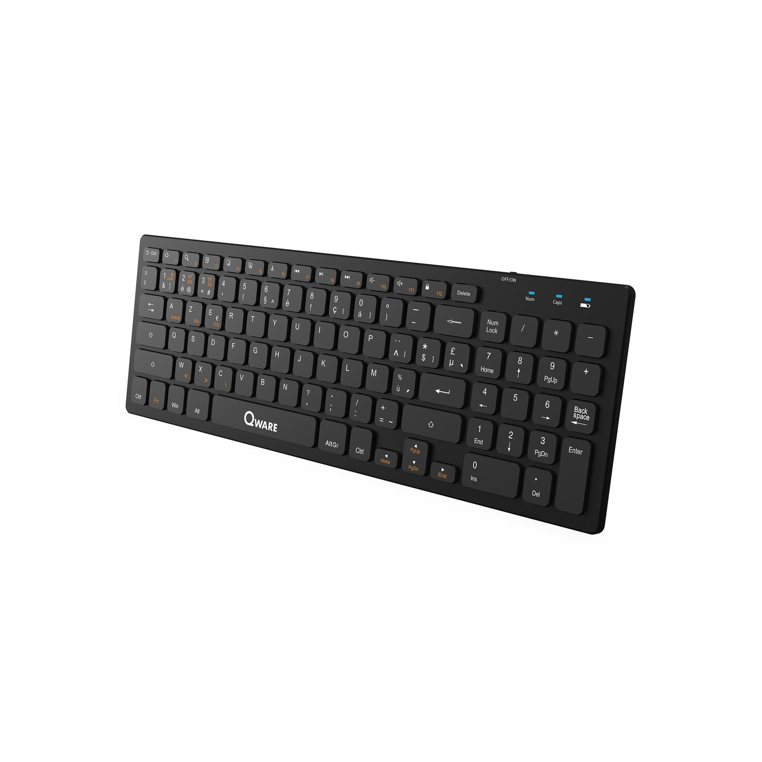 Clavier noir. Possède des lettres, des chiffres et des touches de fonction. Fond blanc.
