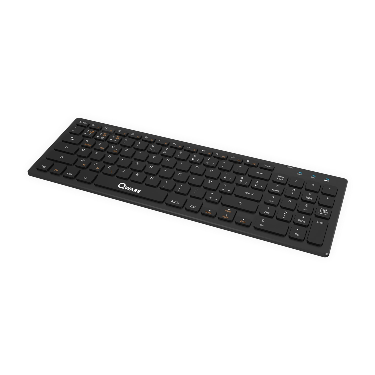 Clavier Qware noir sur fond blanc.