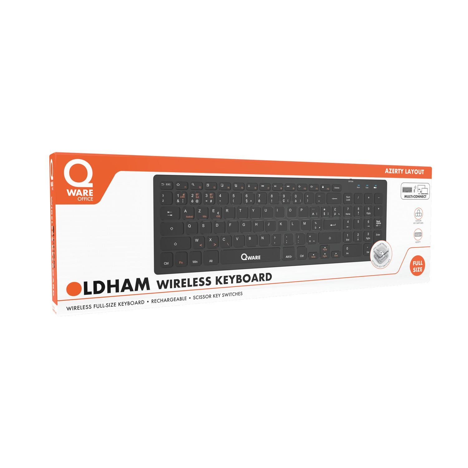 Un clavier sans fil QWare dans une boîte, avec une disposition AZERTY et une taille standard.