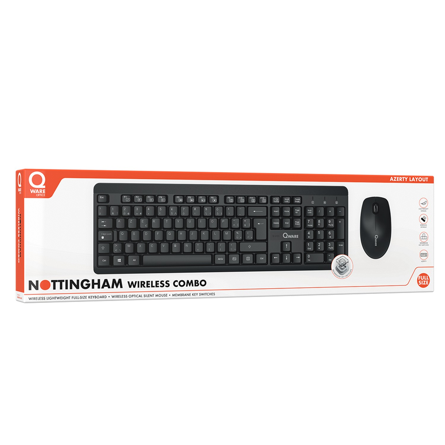 Een toetsenbord- en muisset in een doos. Het toetsenbord is zwart en de muis is ook zwart.
