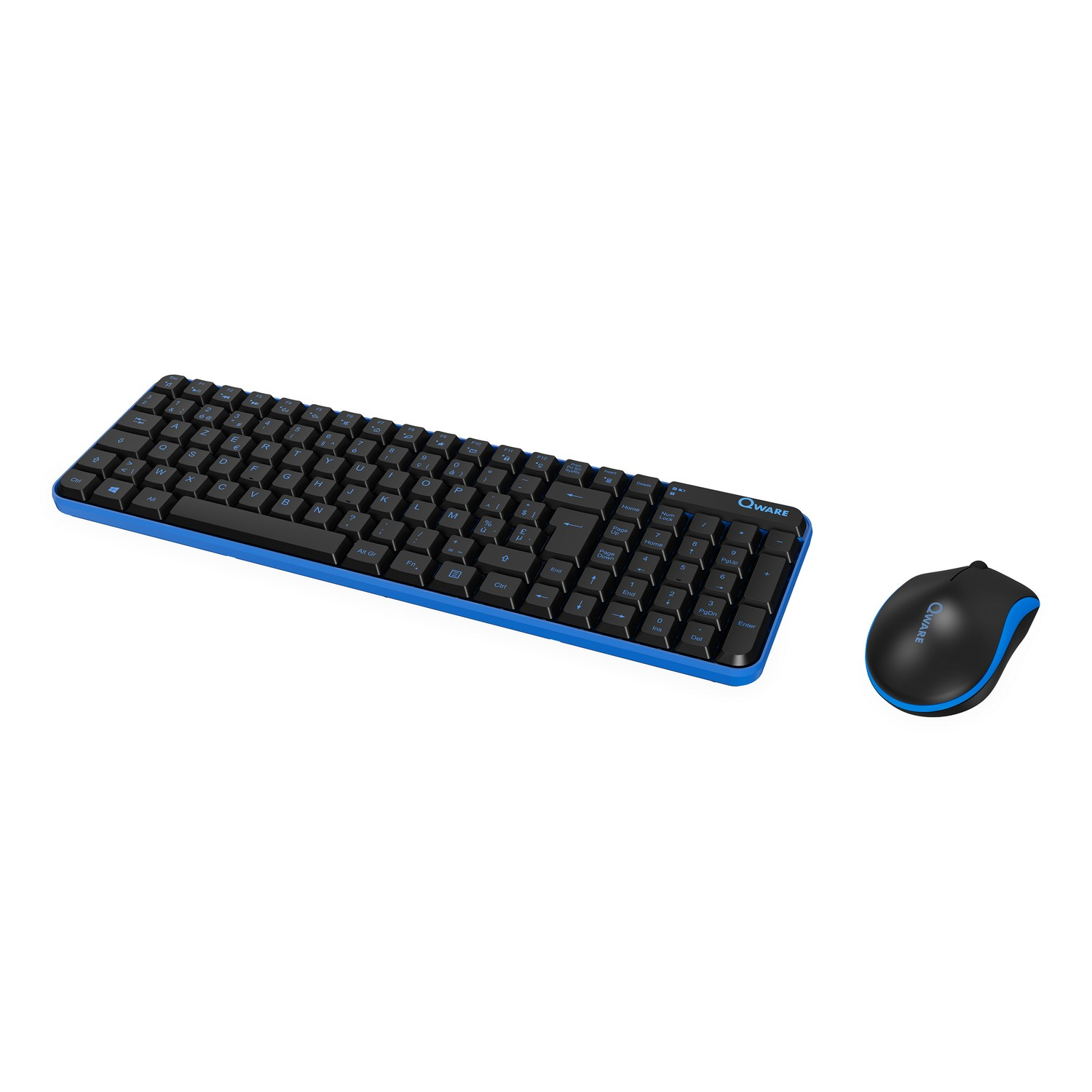 A black keyboard with blue trim next to a mouse, on a white surface.