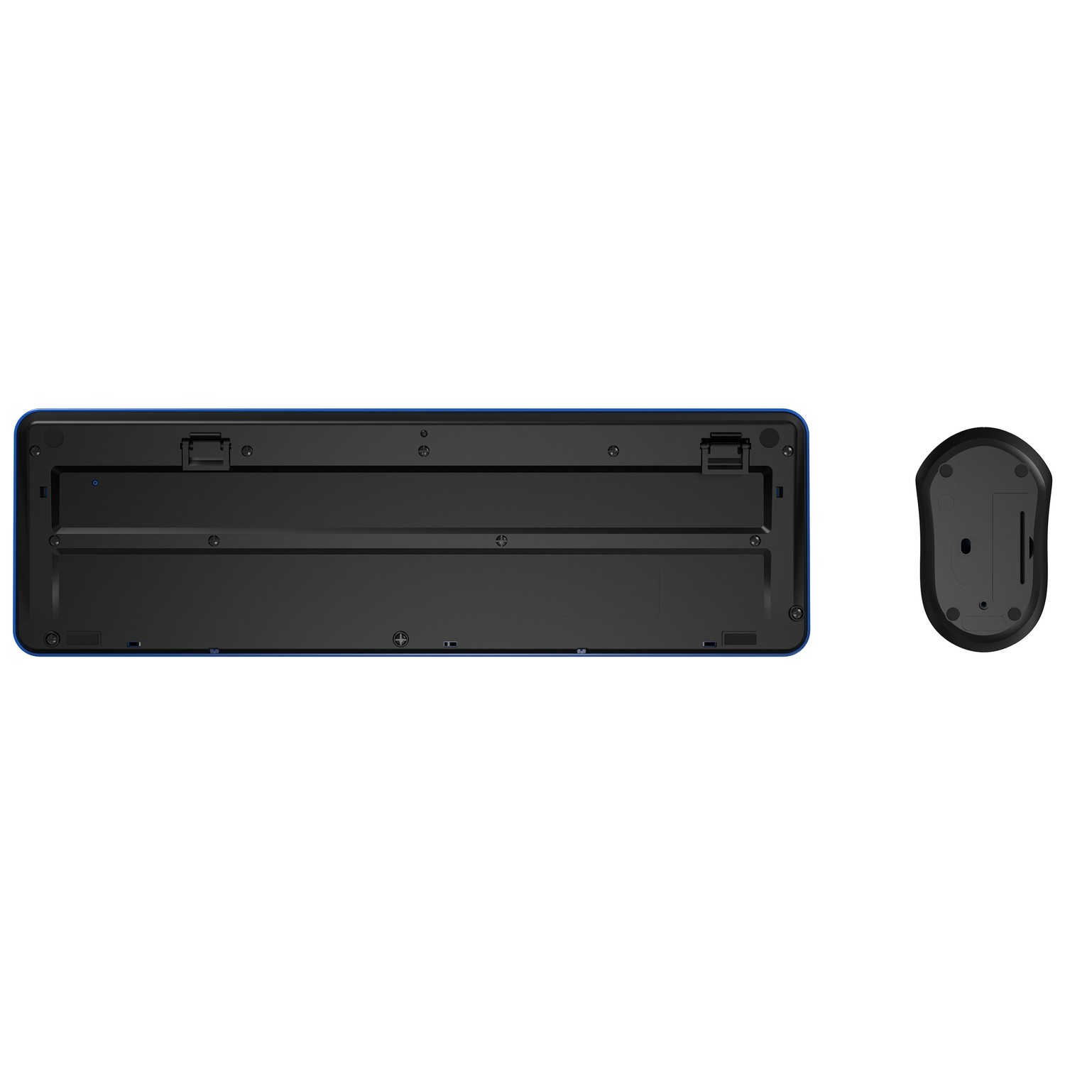 Keyboard and mouse, bottom view. Keyboard is rectangular with a blue trim.