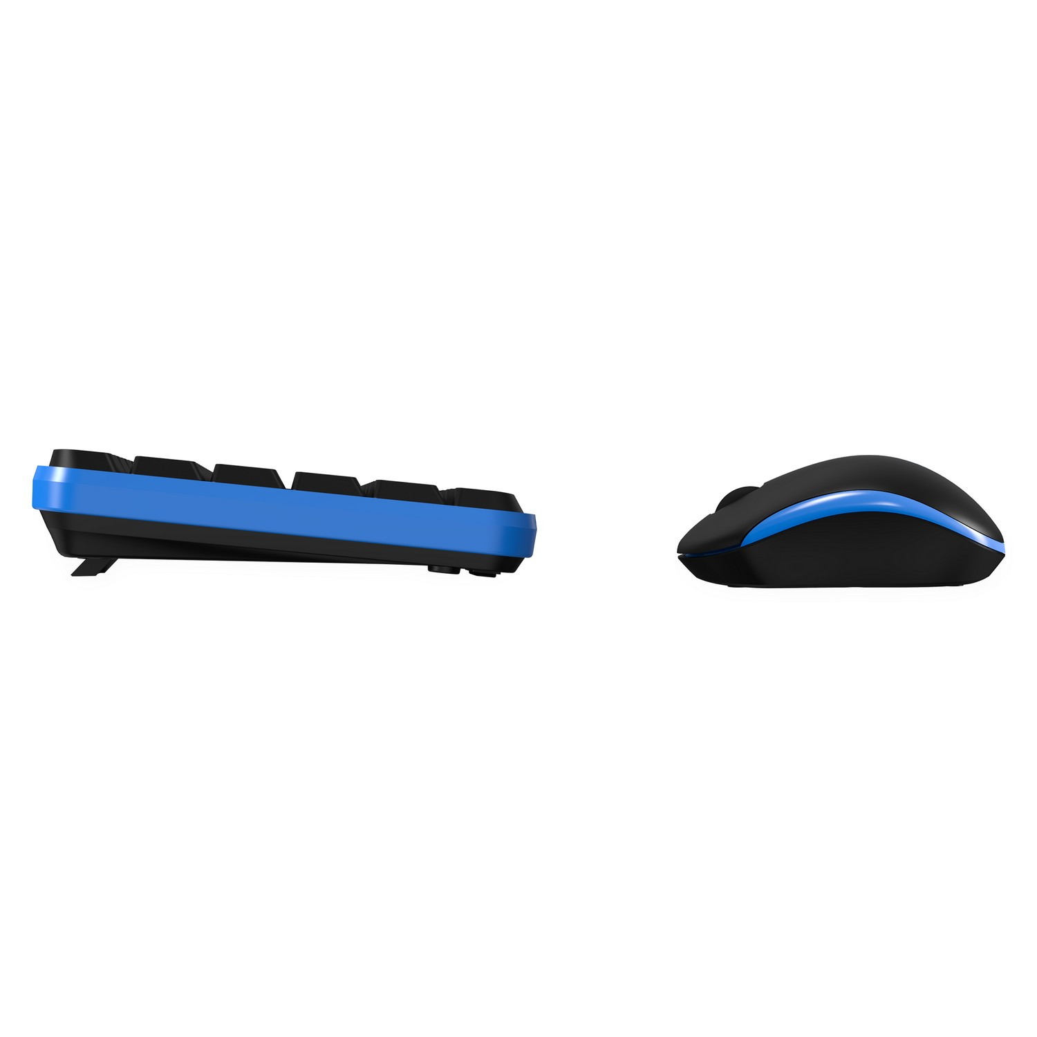 A blue and black keyboard and a black and blue mouse. White background.